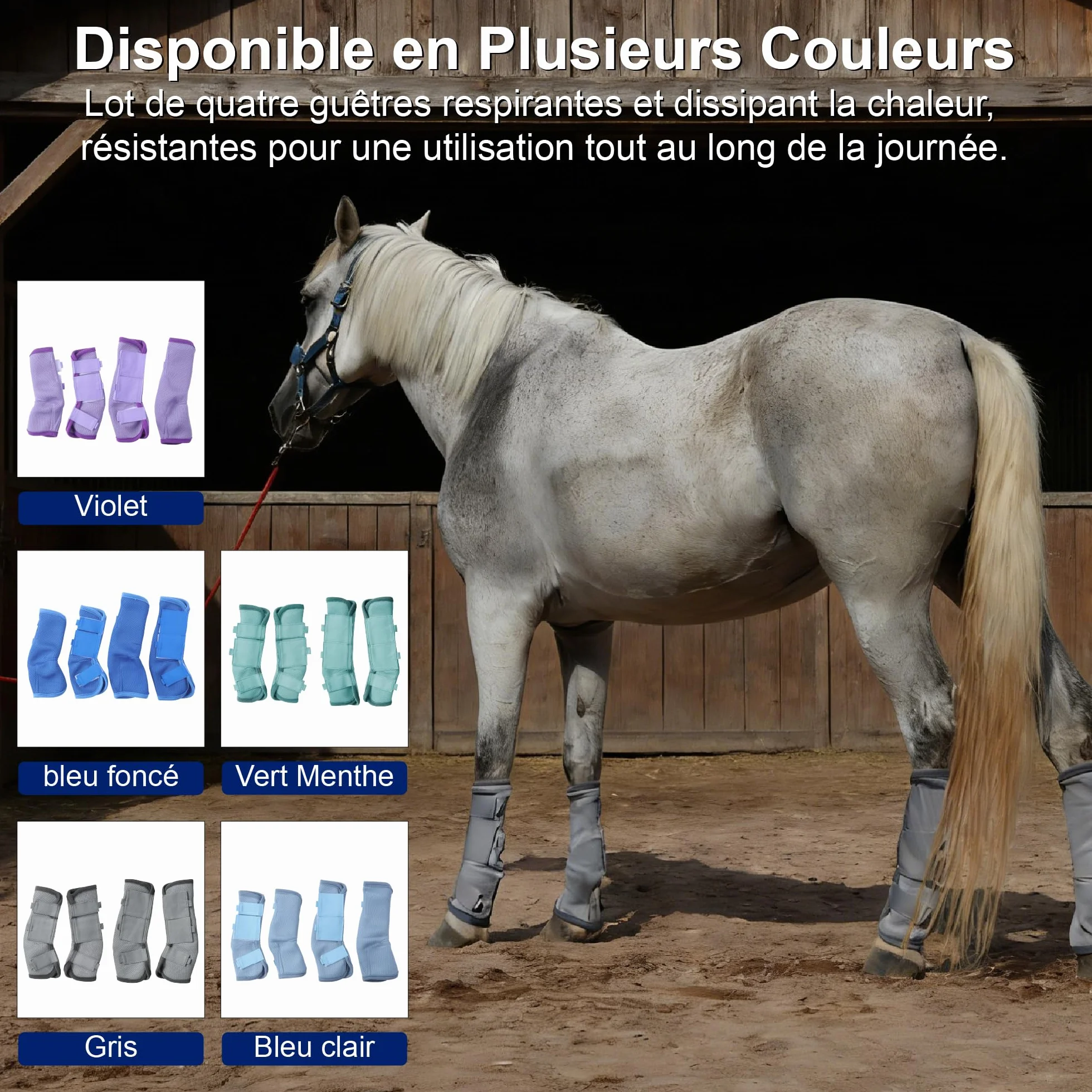 Guêtres pour Chevaux Lot de 4, Maille Respirante, Velcros Renforcés, Gris Medium