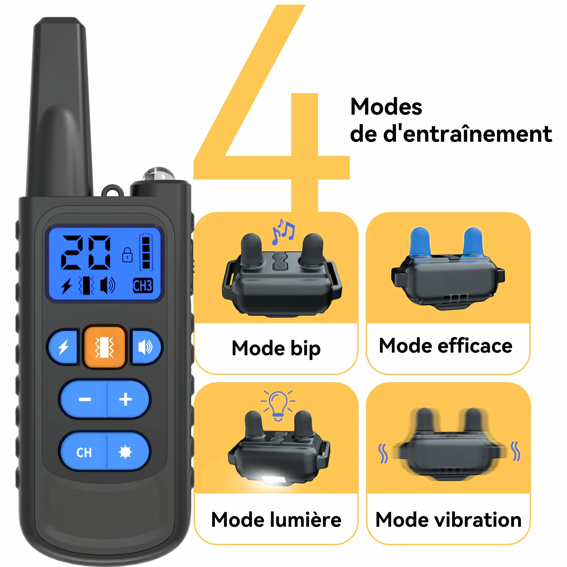 Collier de Dressage pour Chiens Rechargeable Meloive, Portée 3000m, Mode Vibration Son Choc Statique Lumière, IPX67 Résistant à l'Eau