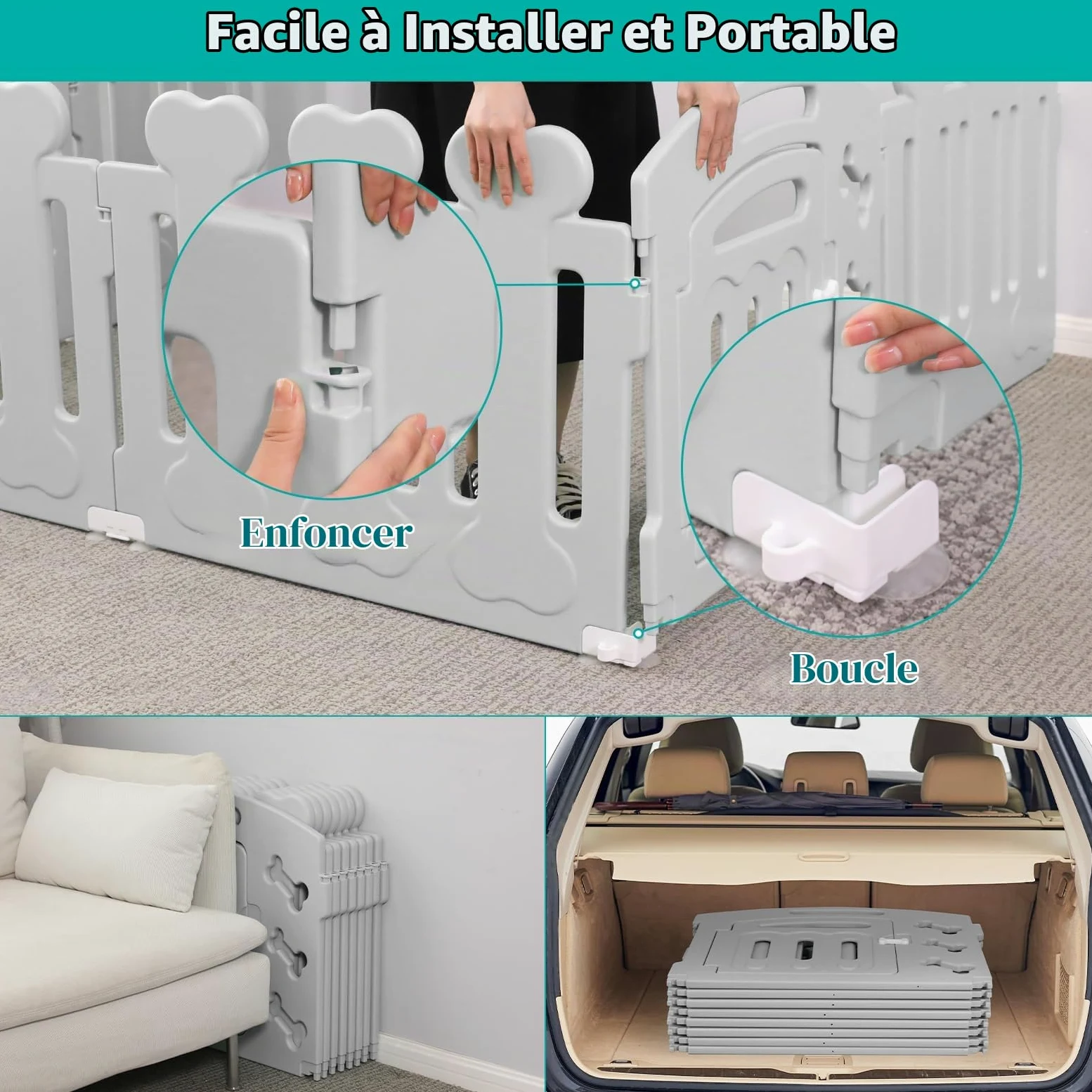 MAMIZO Parc pour Chien 60 cm Haut, Plastique Parc Chien 7+1 PCS Panneaux, Parc Chiot Pliable avec Portail, avec ventouses et ancrages au Sol, Enclos pour Chat et Lapin Interieur Extérieur, Gris | Parc Chiot Pliable avec Portail, avec ventouses et ancrages