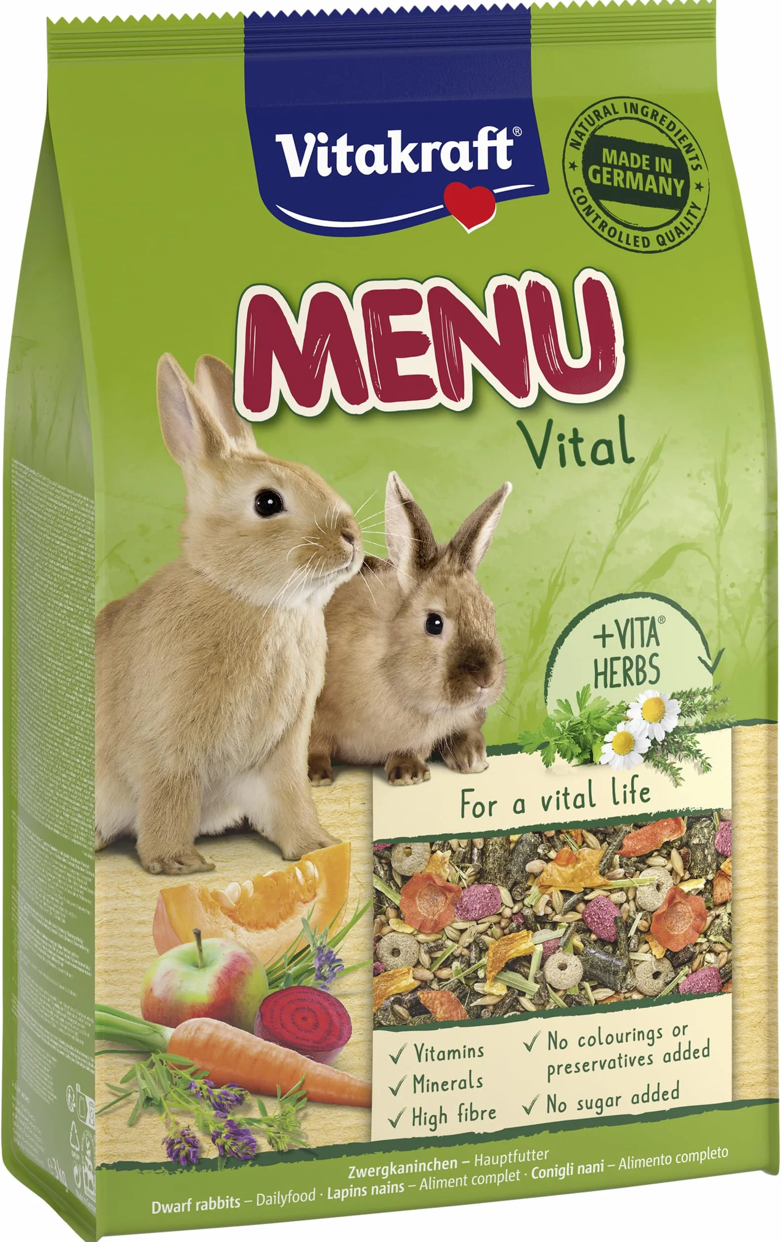 VITAKRAFT Menu Vital Aliment pour Lapins Nains Luzerne Pomme Potiron Herbes sans Sucre Ni Céréales 3kg