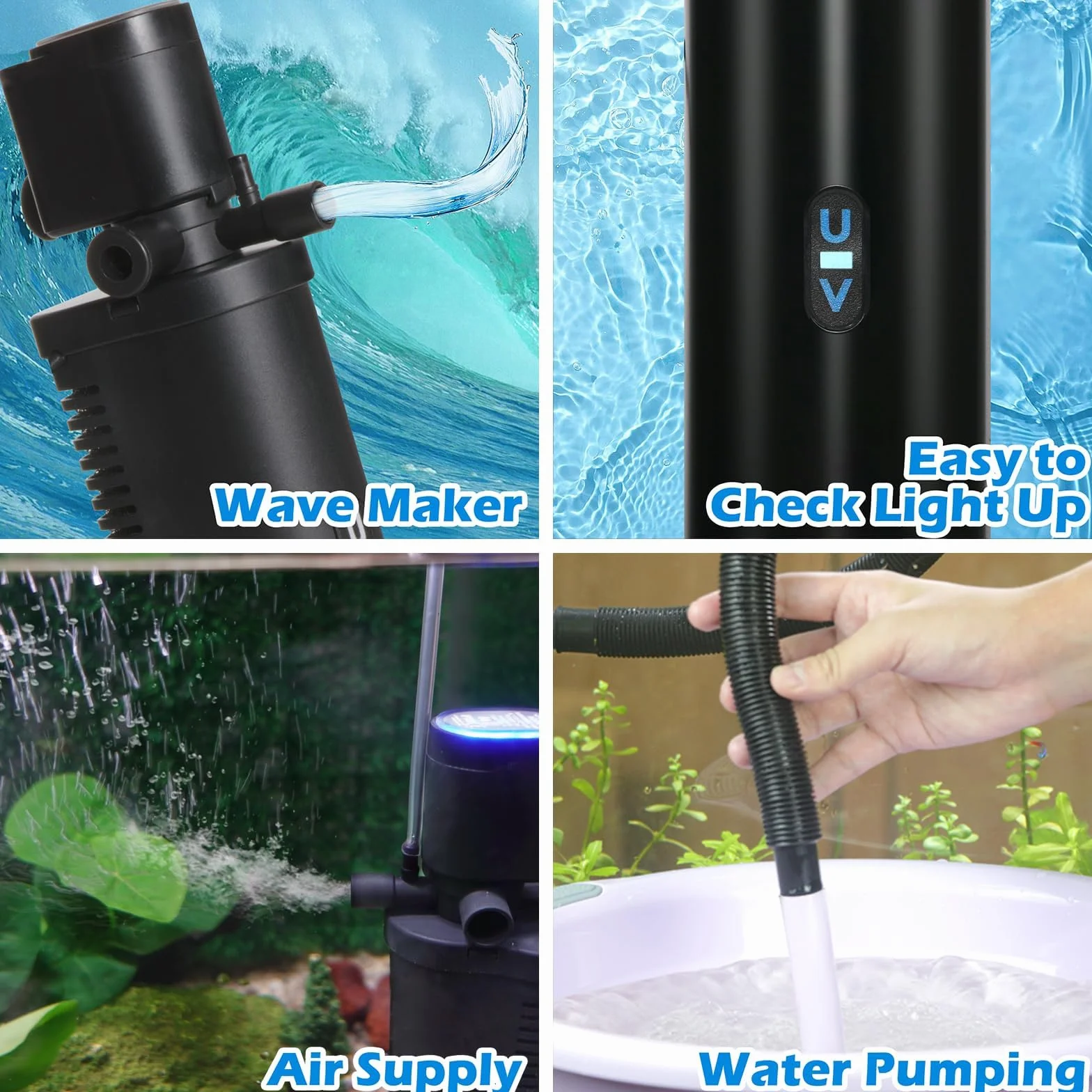 Filtre aquarium avec lampe UV Pompe submersible 4 en 1 600 L/h 40-170 litres