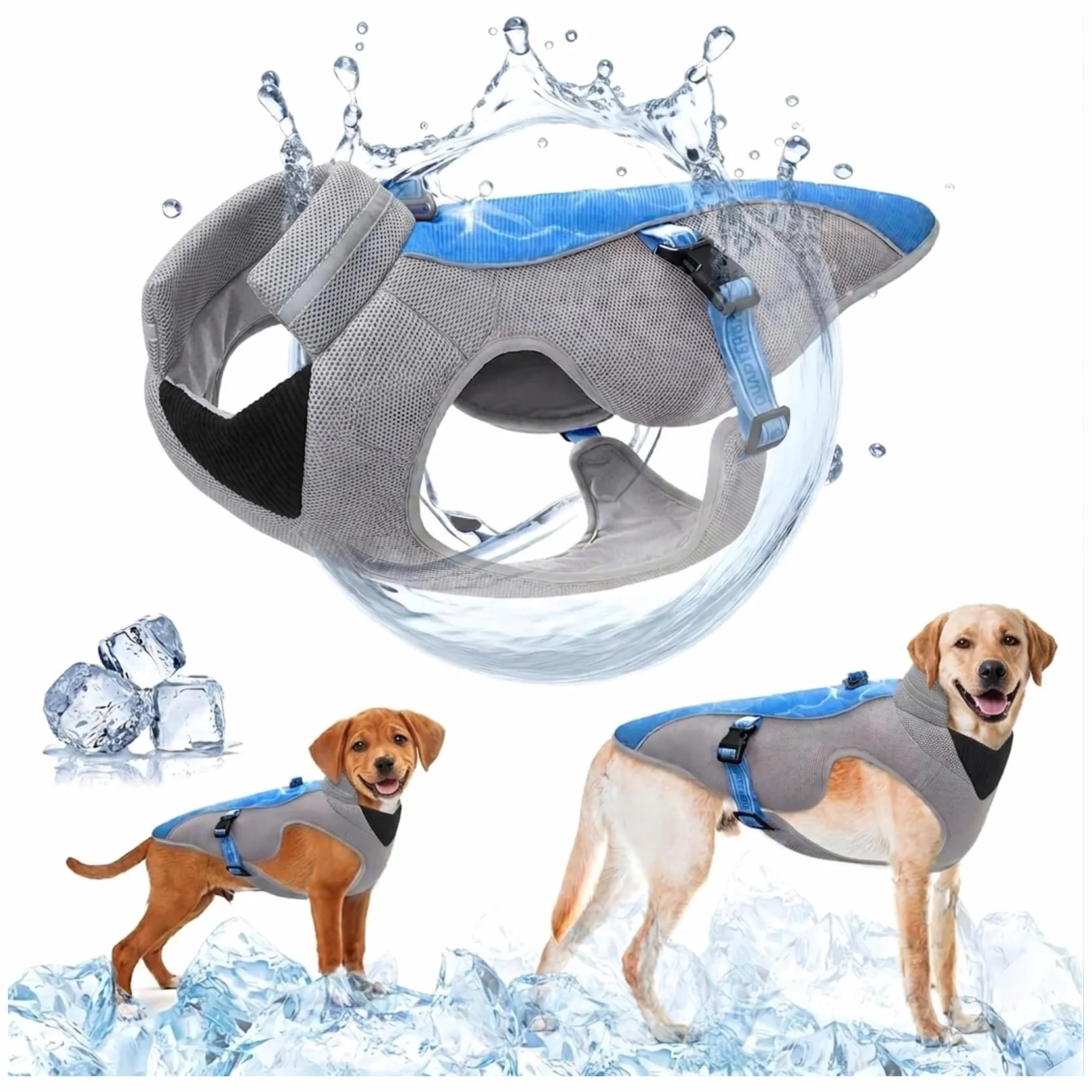 Gilet Rafraîchissant pour Chien avec Harnais D-Snap Bleu