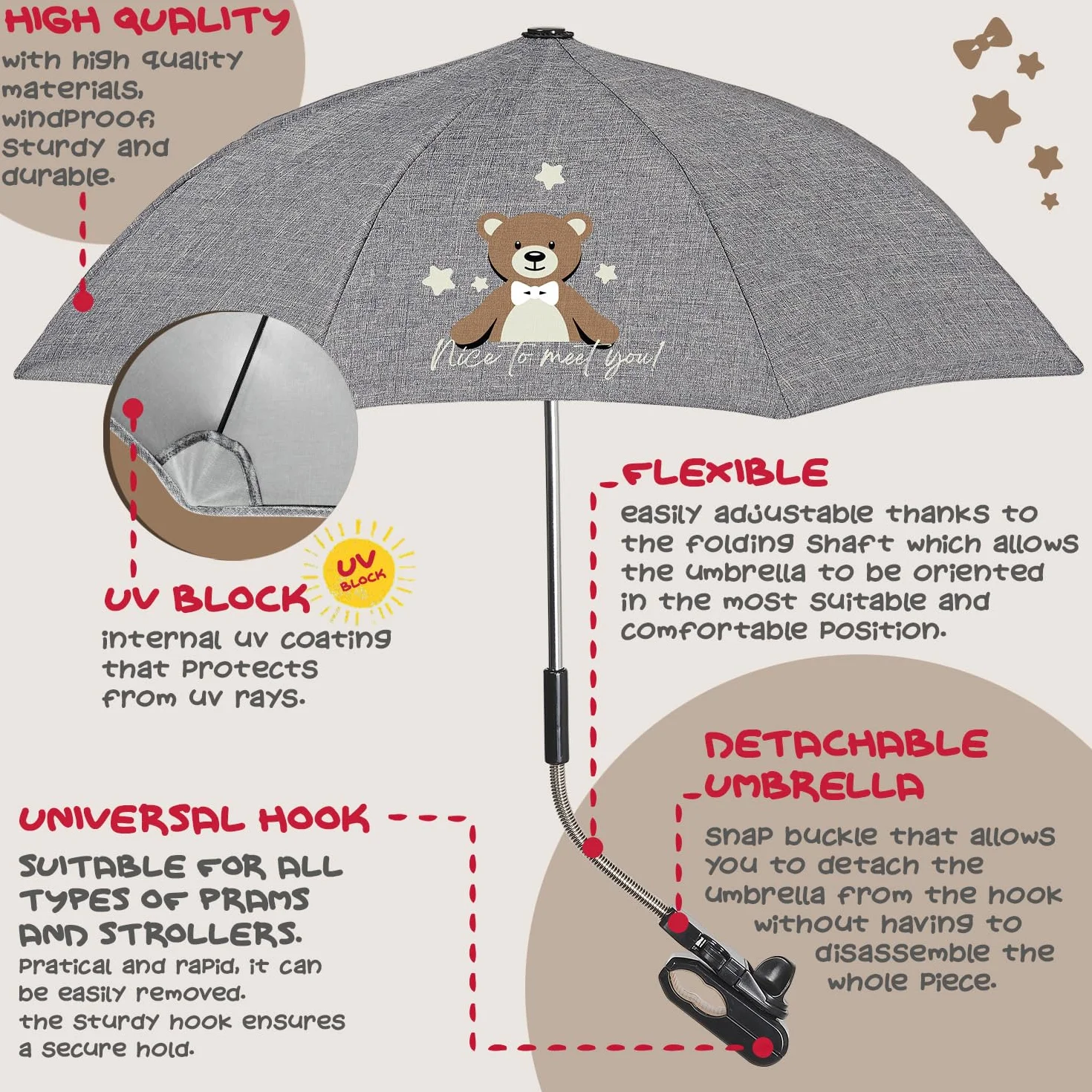 Perletti Parapluie Poussette Universel Gris Pliable Ombrelle Anti UV 68 cm