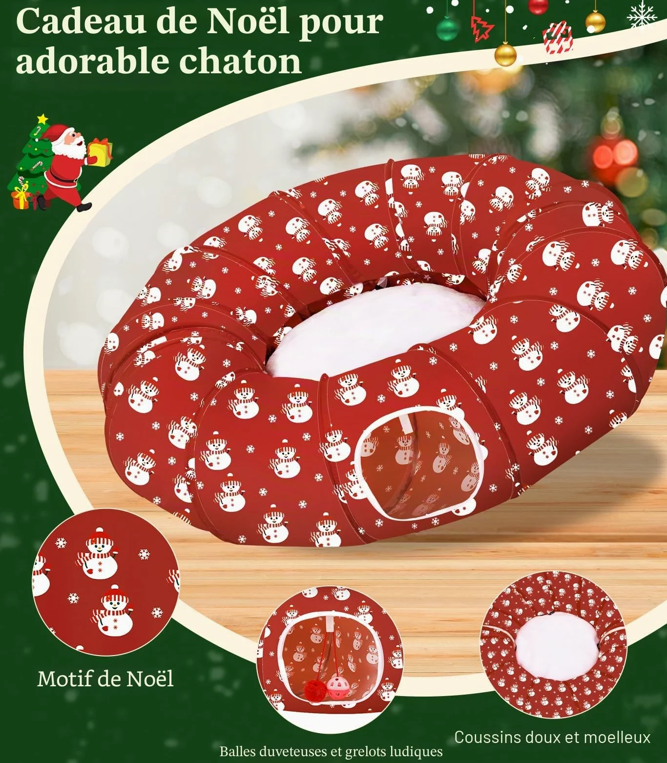 Pawaboo Lit Tunnel Noël Chat 35,4", Bonhomme Neige | Tunnel avec tapis, balles en peluche et grelots pour jouer, se cacher et se reposer.