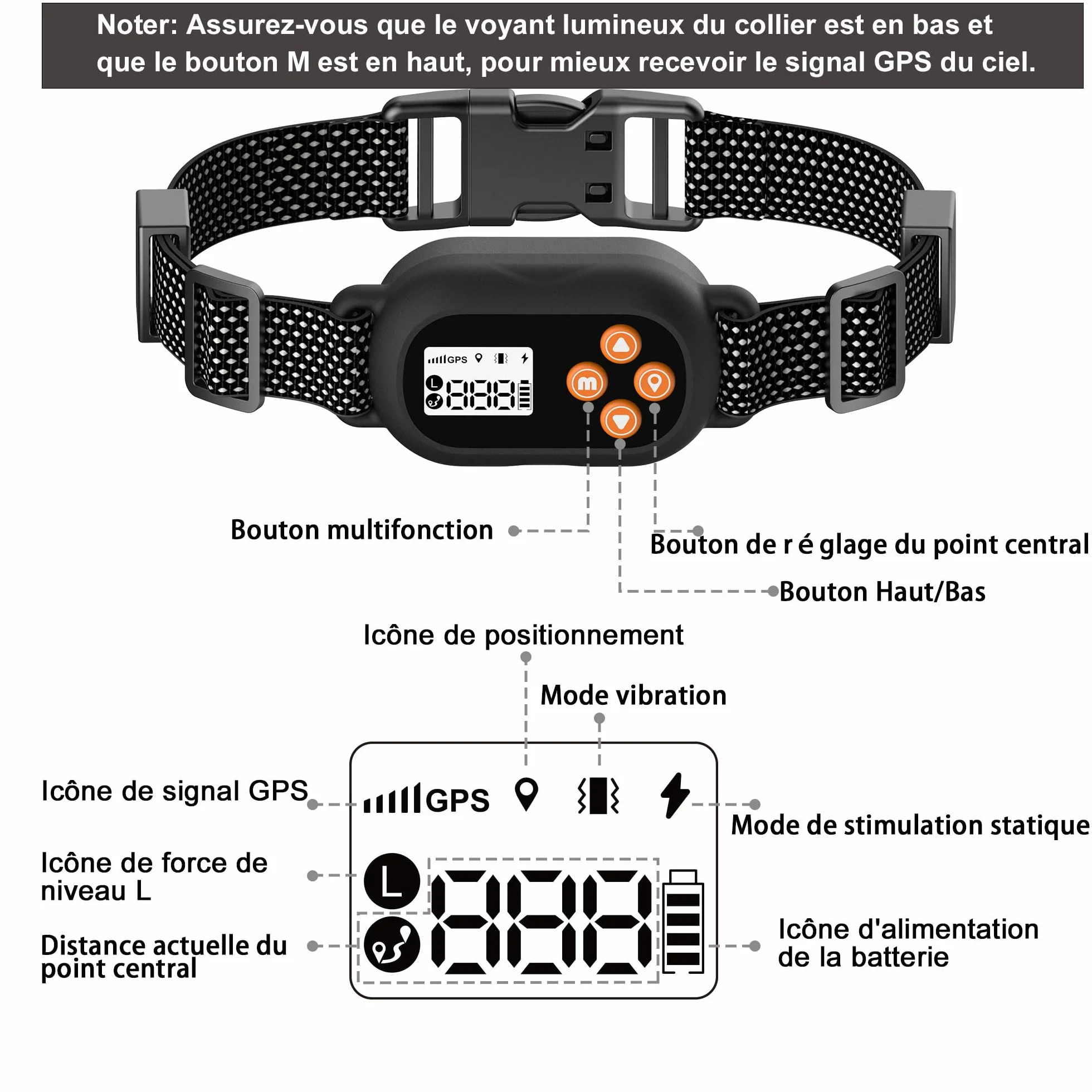 Collier Anti Fugue Chien sans Fil GPS IPX7 Étanche 3 Modes Clôture Anti-Fugue Rayon 22-999M