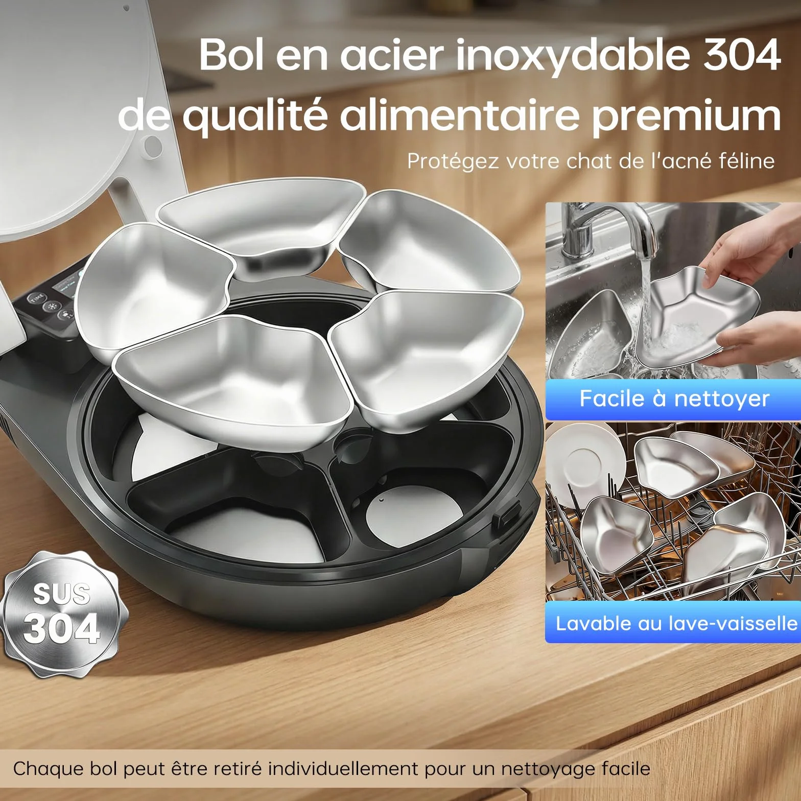 Distributeur Nourriture Humide Chat, 5 Repas Frais, Refroid & Chauff, Bol INOX 304, Automate Programmable