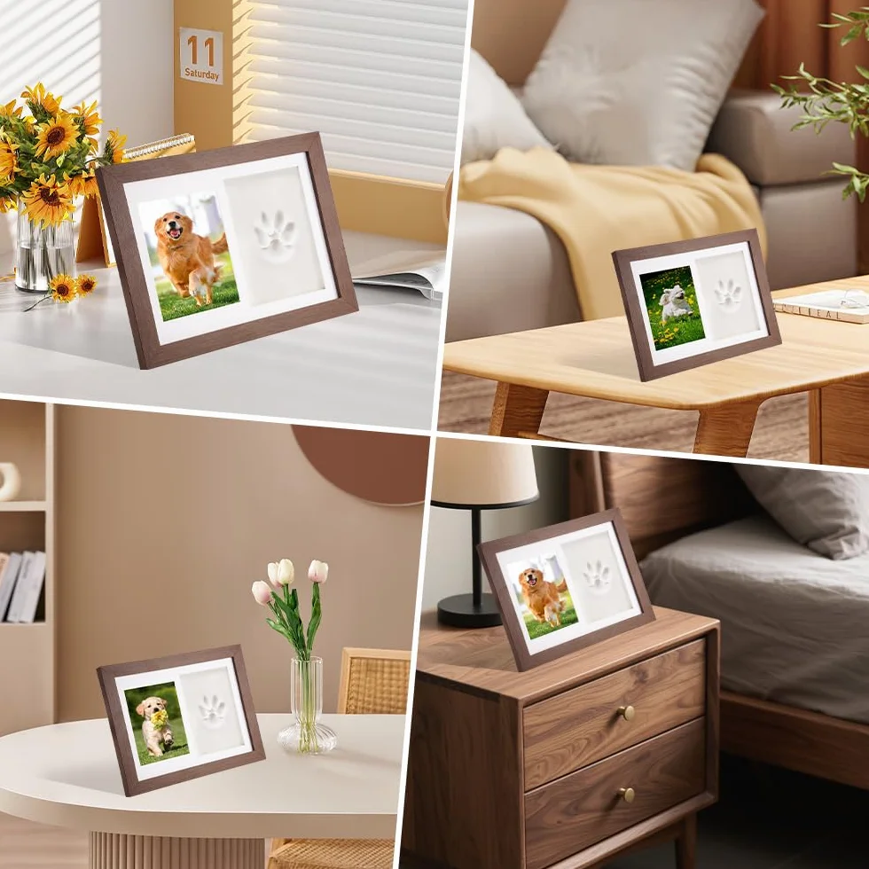 Kit Empreinte Chat et Chien avec Photo 14 x 10 cm, Argile et Bâton en Bois, Cadeau Souvenir pour Propriétaire de Chien