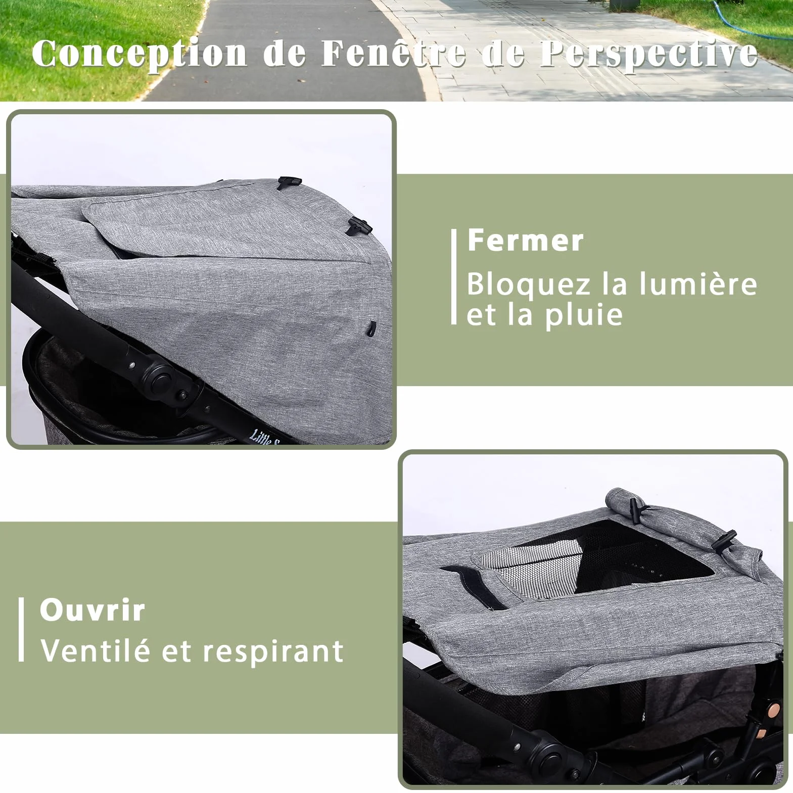 Pare Soleil Poussette Universelle Anti-UV avec Toit Ouvrant Ventilé, Sac de Rangement, Crochets