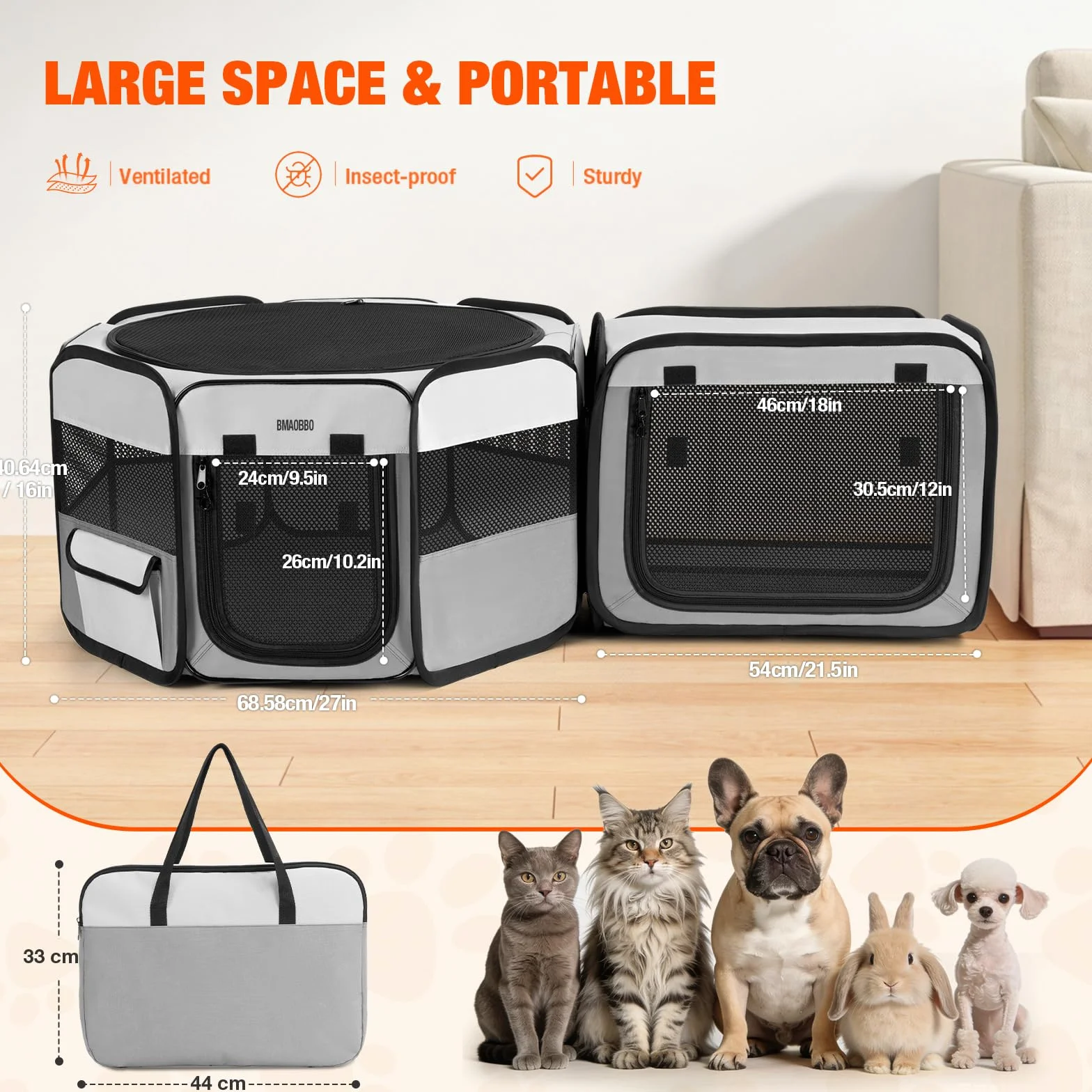 Parc de jeu portable 2 en 1 pour chat 121,9 x 66 x 66 cm pliable avec boîte à litière amovible