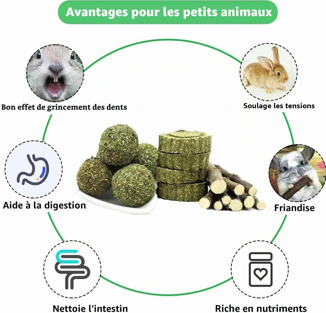 Jouets à mâcher naturels en Forme de Boules et de bâtons pour Lapin, Hamster, Perroquet, Chinchilla, Cochon d'Inde et Gerbille à Base d’Herbe et de Rose