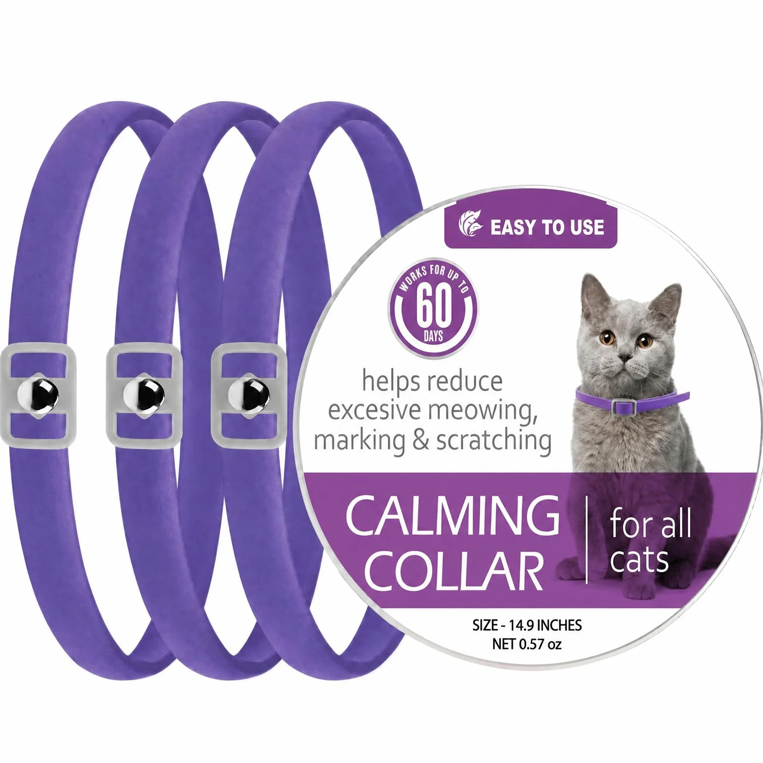 Collier Apaisant pour Chats 3 Pcs, Réglable Imperméable, Anti-Anxiété Naturel, 38cm (Violet)