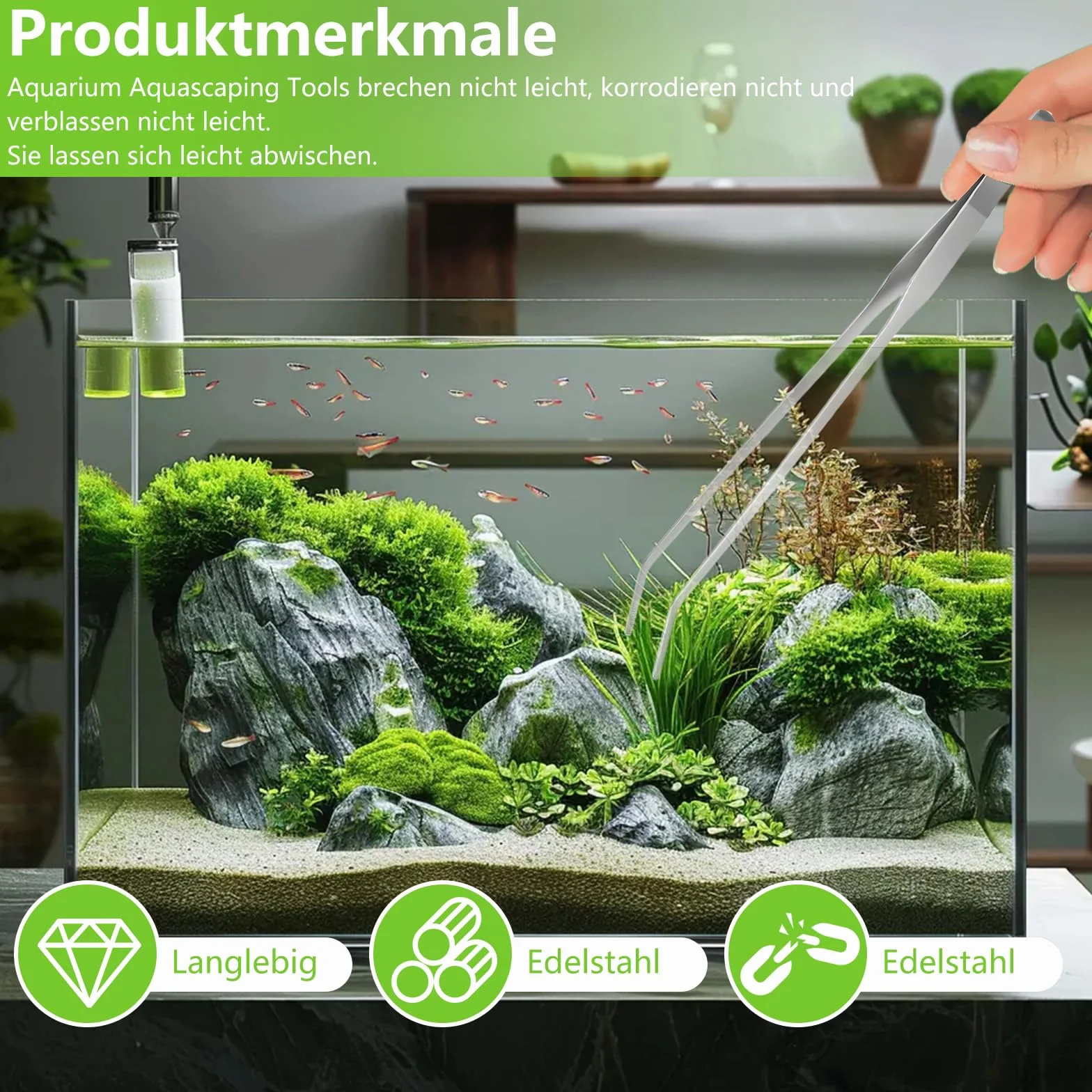 Lot de 4 outils d'aquarium en acier inoxydable - Ciseaux, pince à épiler, kit de nettoyage