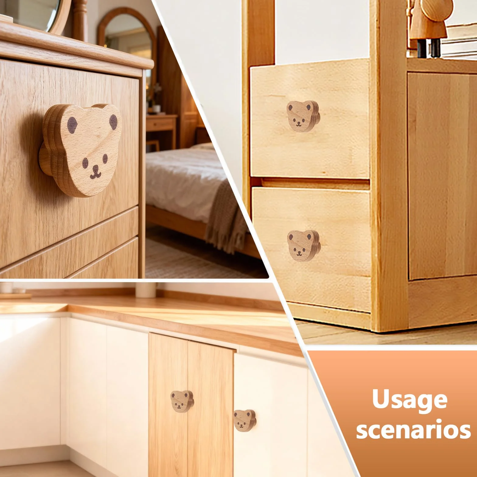 Boutons de Tiroir en Bois Forme d'Ours 12 Pièces Poignées de Meubles Naturel pour Armoire Commode