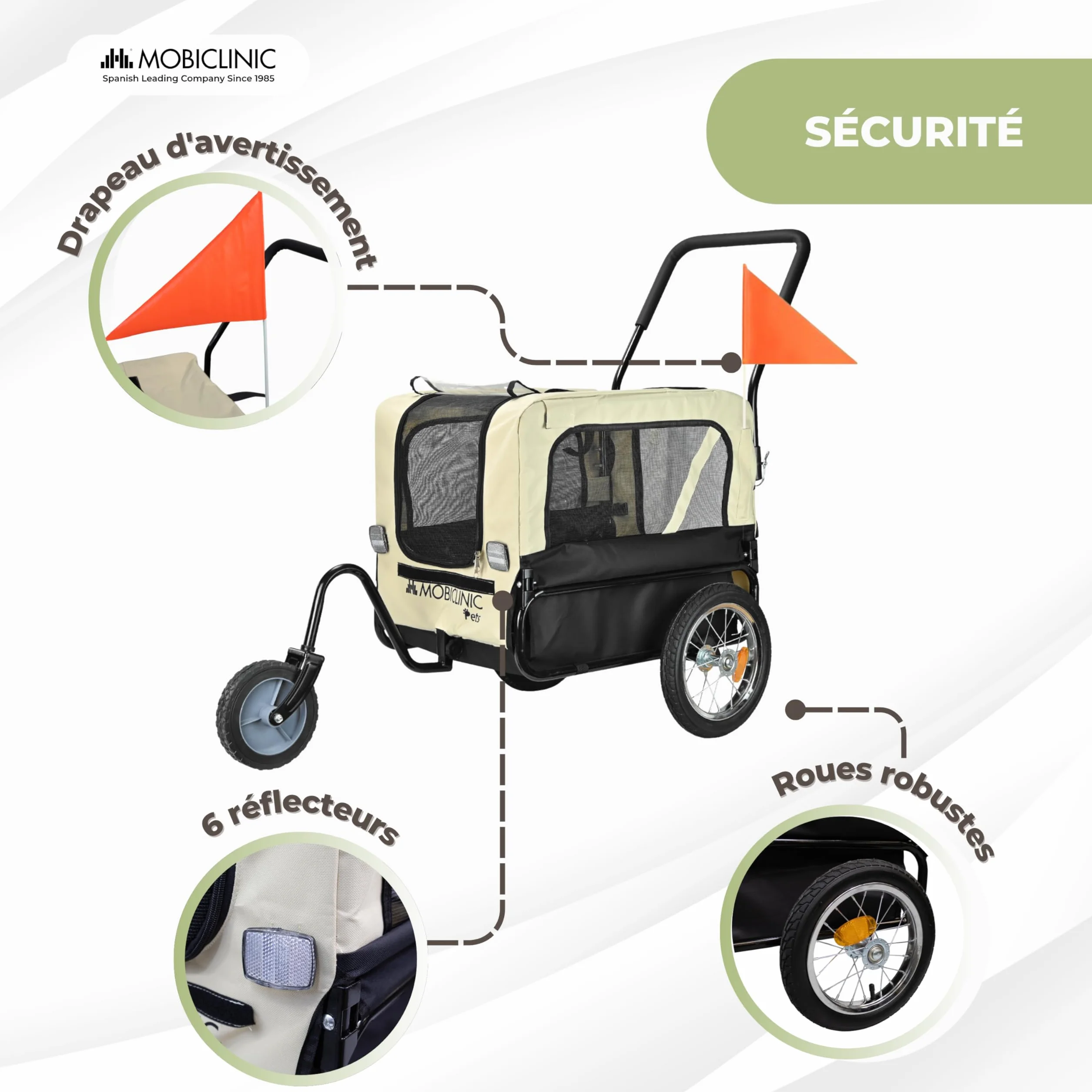 Mobiclinic® Remorque Vélo pour Chien 2 en 1, Jusqu'à 40 kg, Tissu Oxford 600D, 123x67x100 cm