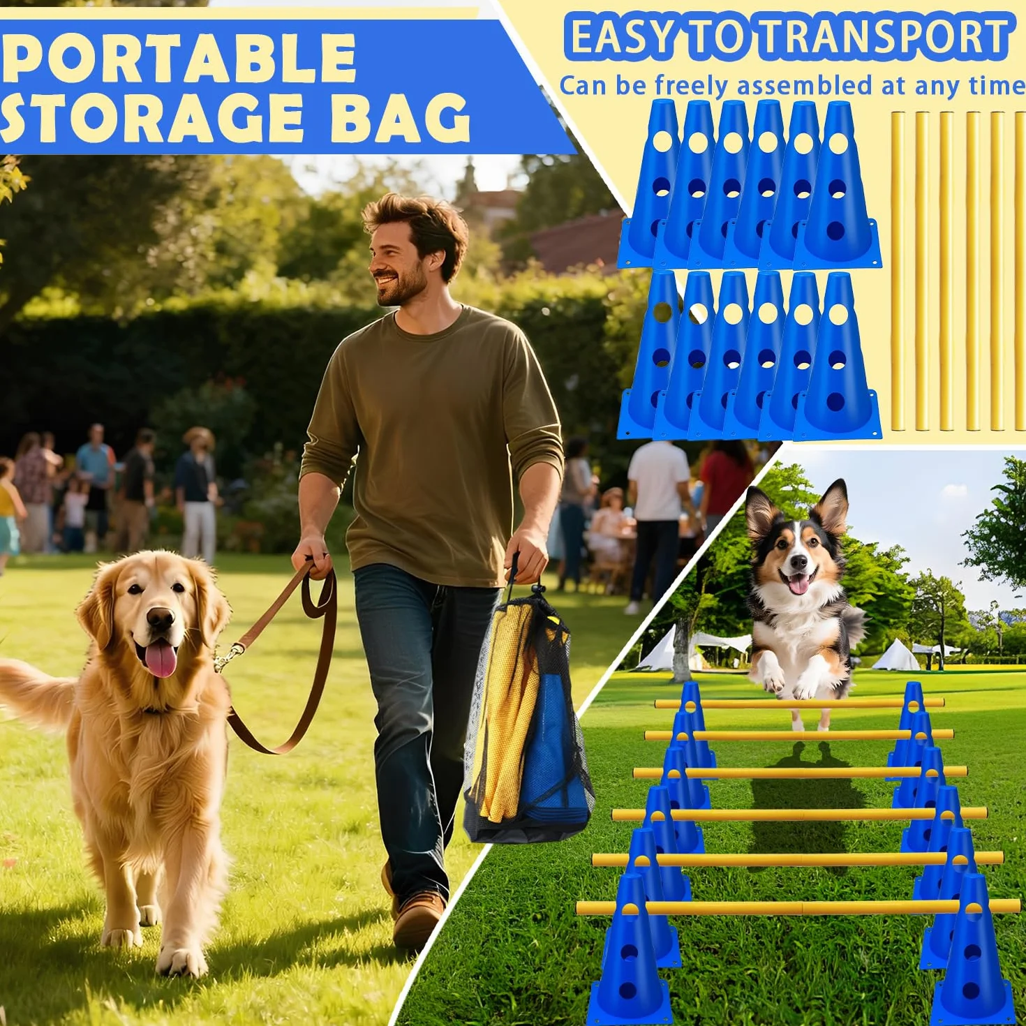 Kit d'obstacles Agility pour Chien 5 Pièces Haies d'Entraînement 23cm Réglable Bleu