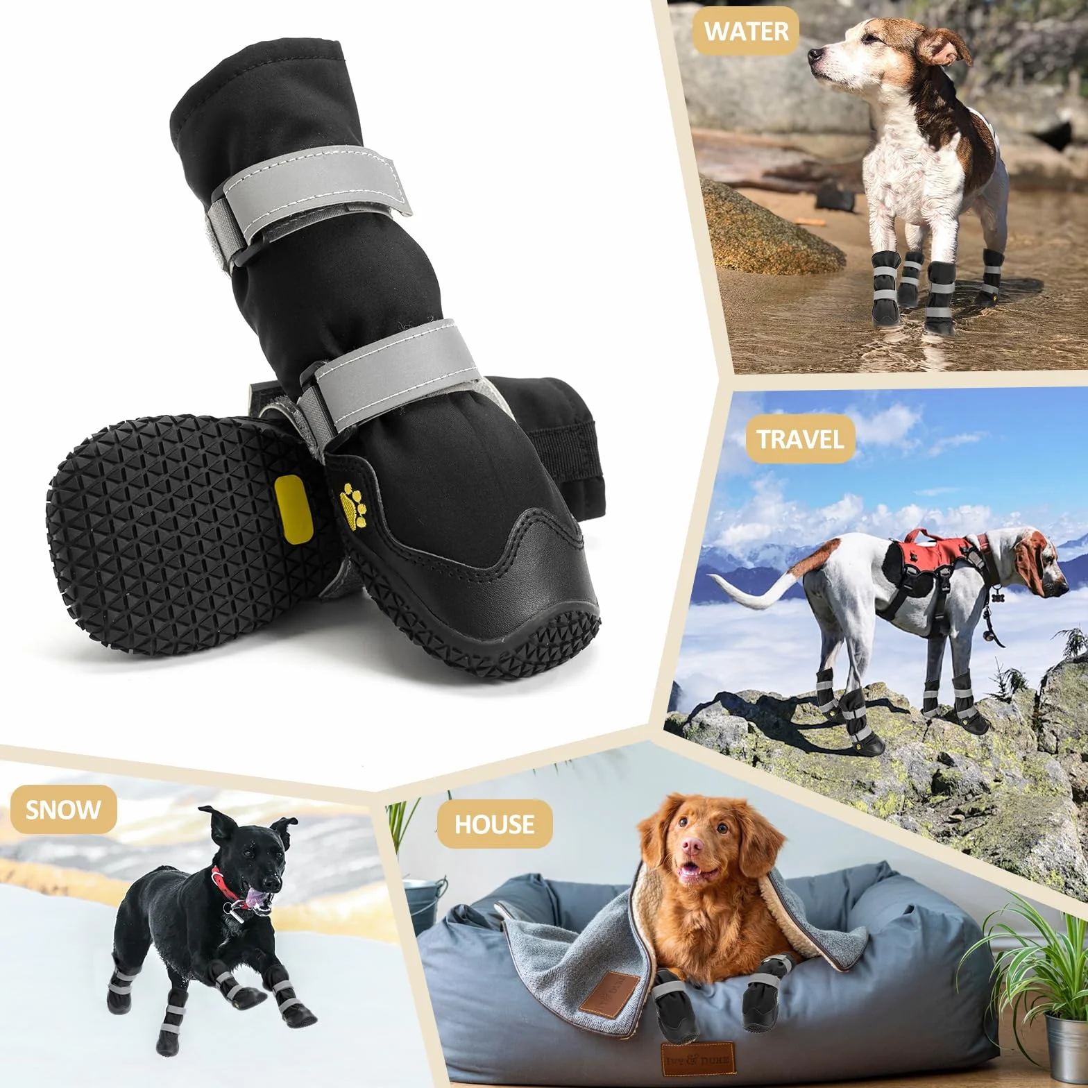 Antidérapant Chaussure Chien avec Sangles réfléchissantes, Bottines Chien imperméables, Semelles en Cuir résistant à l'usure, protège-Pattes pour Petits, Moyens et Grands Chiens 4 pièces(M, Noir)