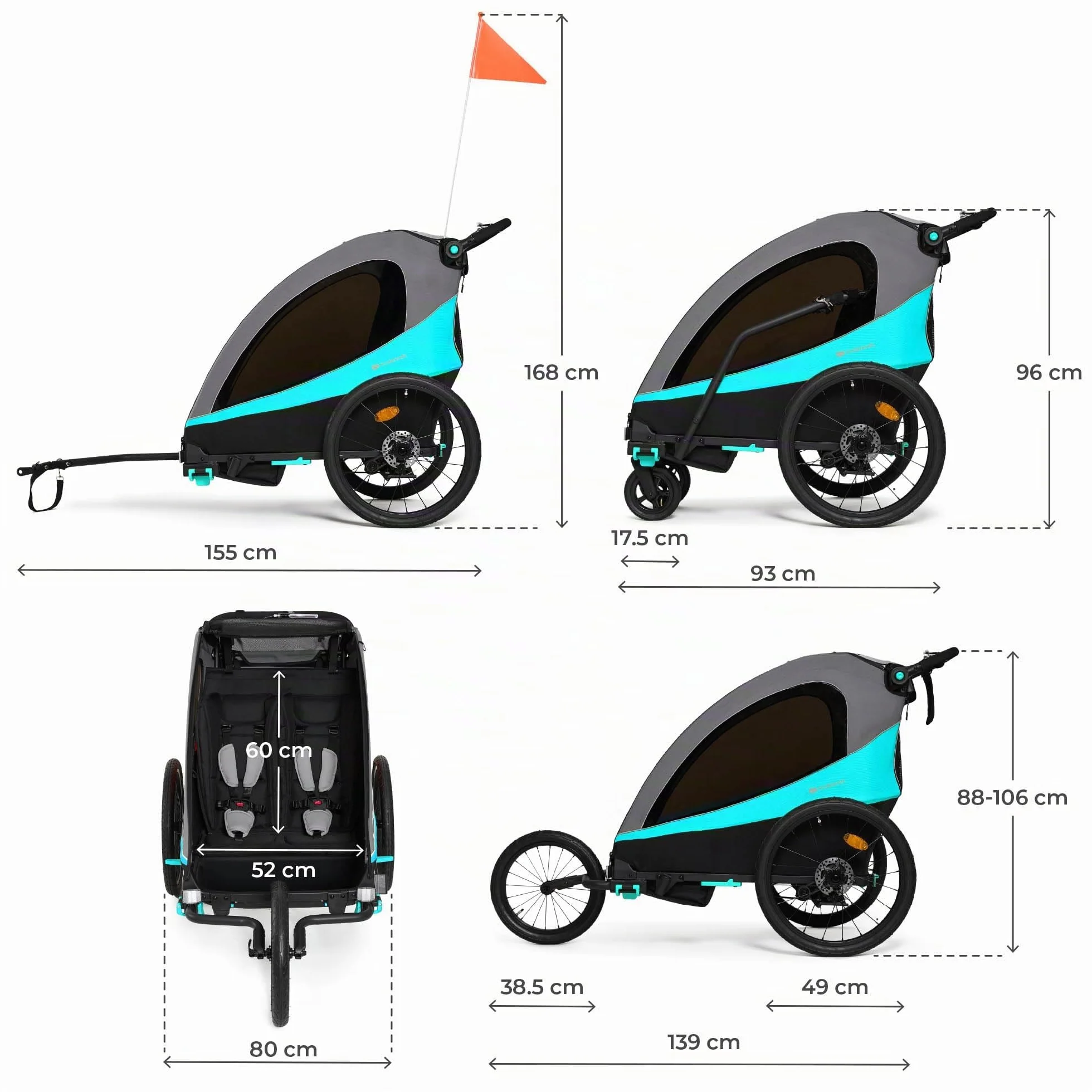 Kinderkraft NAVA 3-en-1 Remorque pour enfants Poussette Jogger Landau Remorque à vélo 2x22kg Protection pluie insectes Bleu