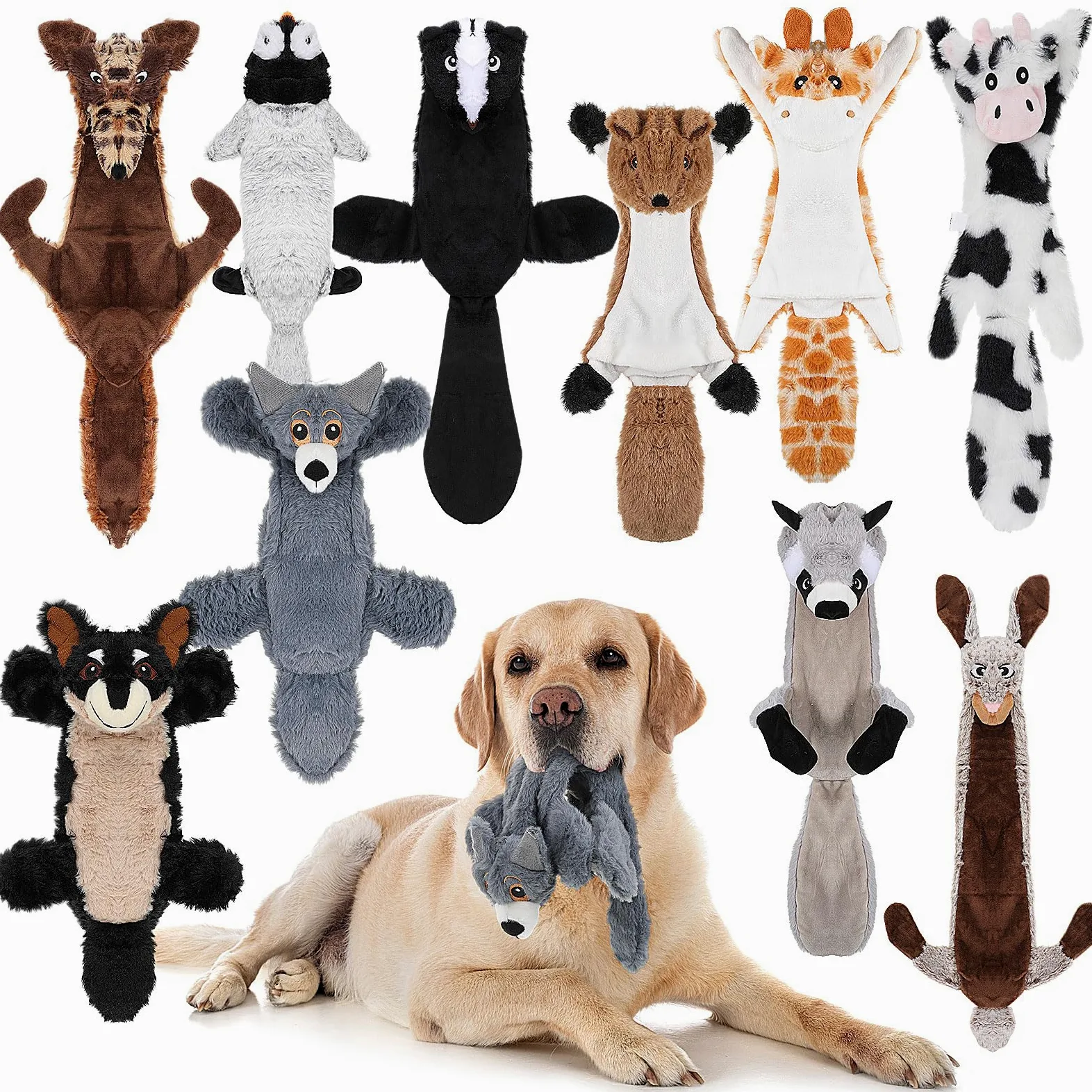 Sratte Lot de 10 jouets couineurs doux pour chien - Sans rembourrage - Pour mâcheurs agressifs - En peluche durable - Pour animaux de compagnie de petite, moyenne et grande taille - 10 styles (style
