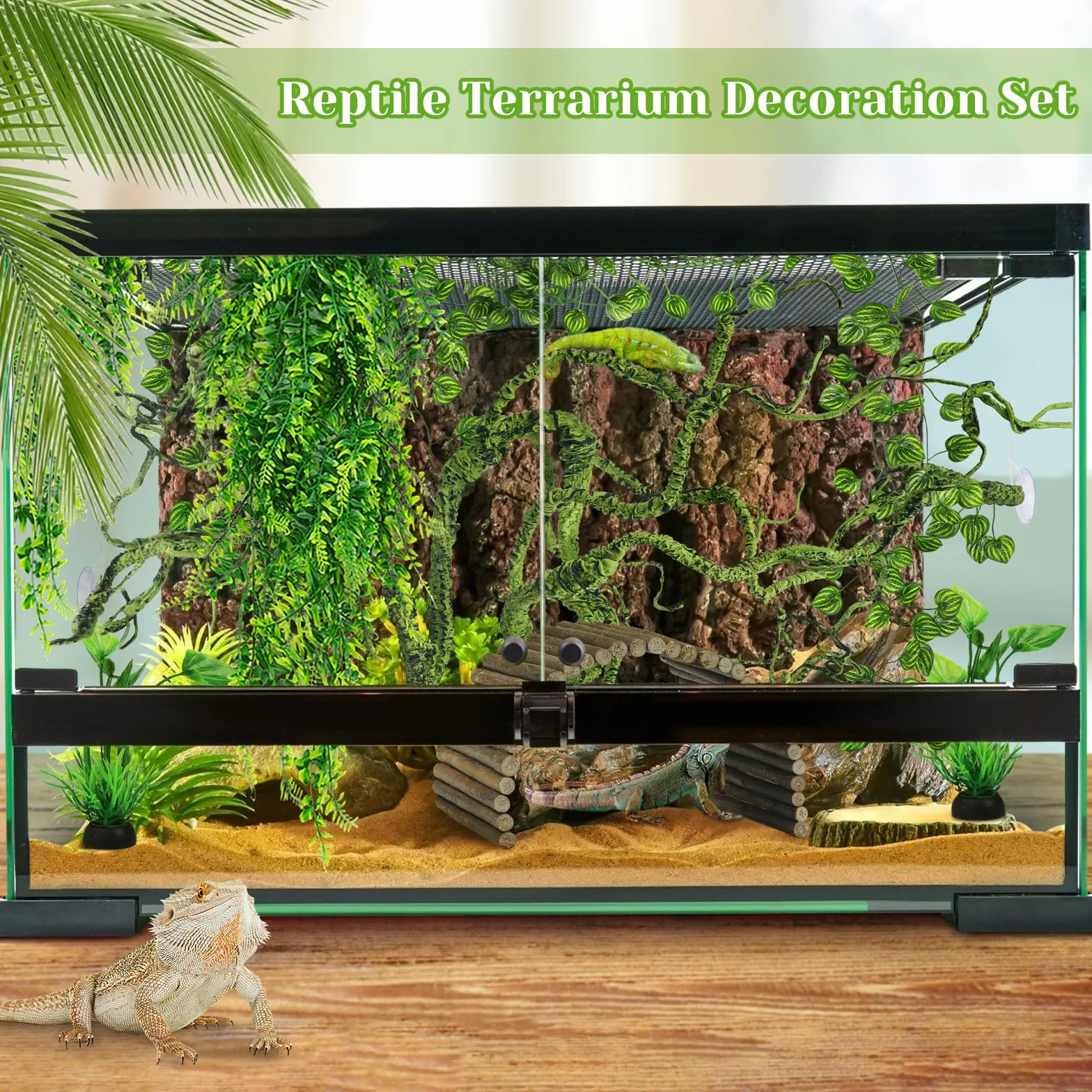 QUOZUO Accessoires pour aquarium de dragon barbu, terrarium à suspendre, feuilles artificielles pour reptiles