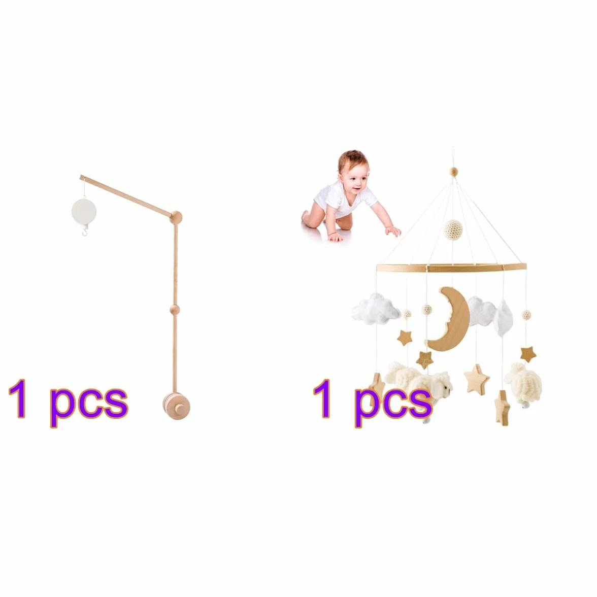 Mobile Musical en Bois avec Support Réglable et Boîte à Musique Décoration de Berceau (Beige)