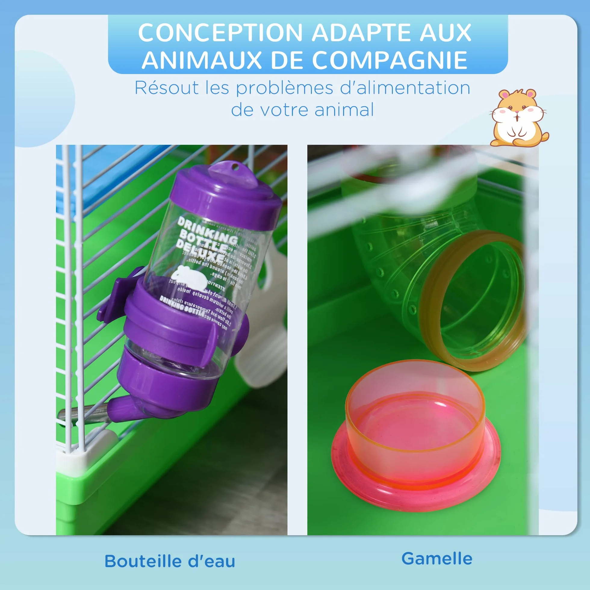 PawHut Cage pour Hamster Rongeur 4 étages avec Tunnels Mangeoire Roue Maison 46L x 30l x 58H cm Vert