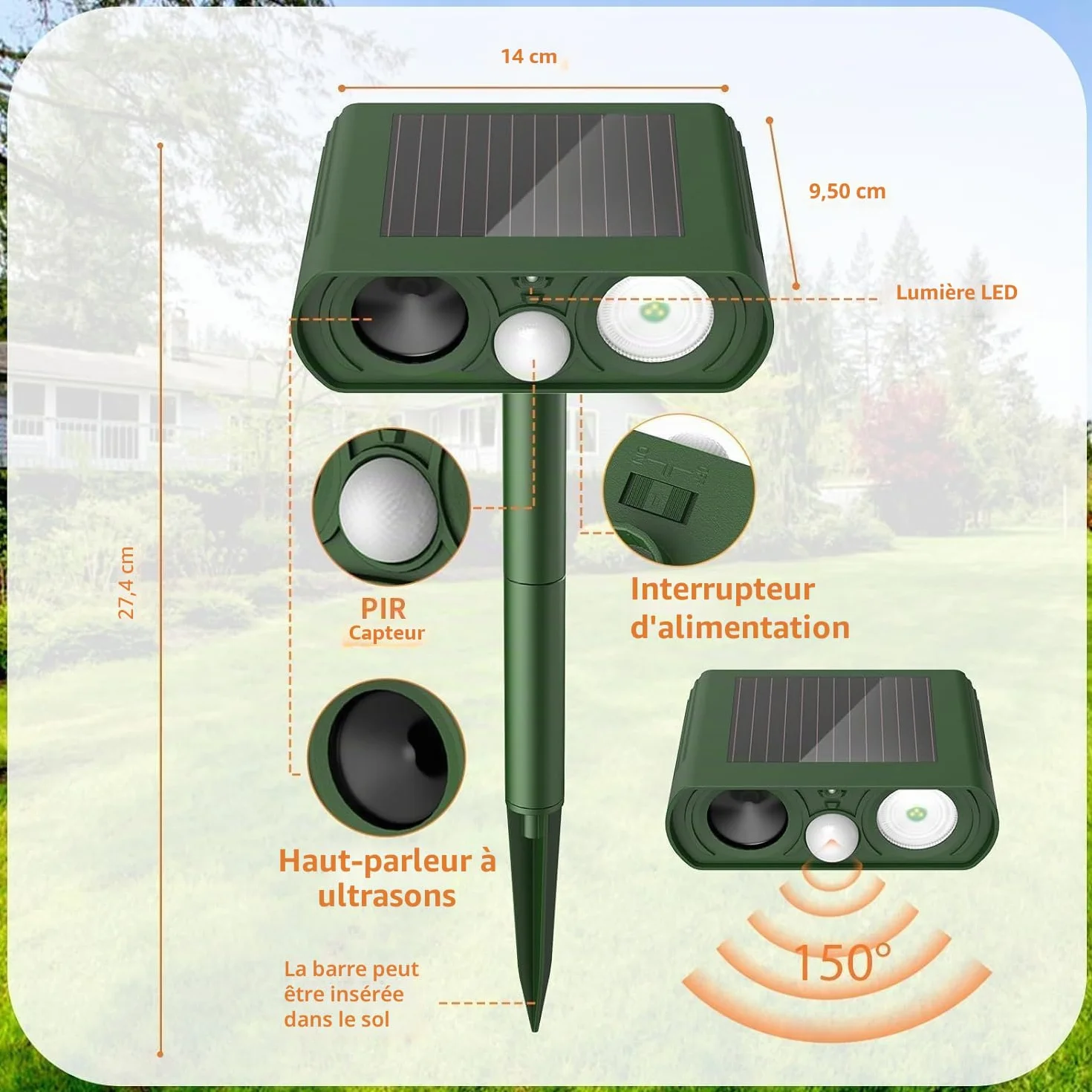 Répulsif Chat Ultrason Solaire IP54 Anti Chats Chiens avec Détecteur de Mouvement LED