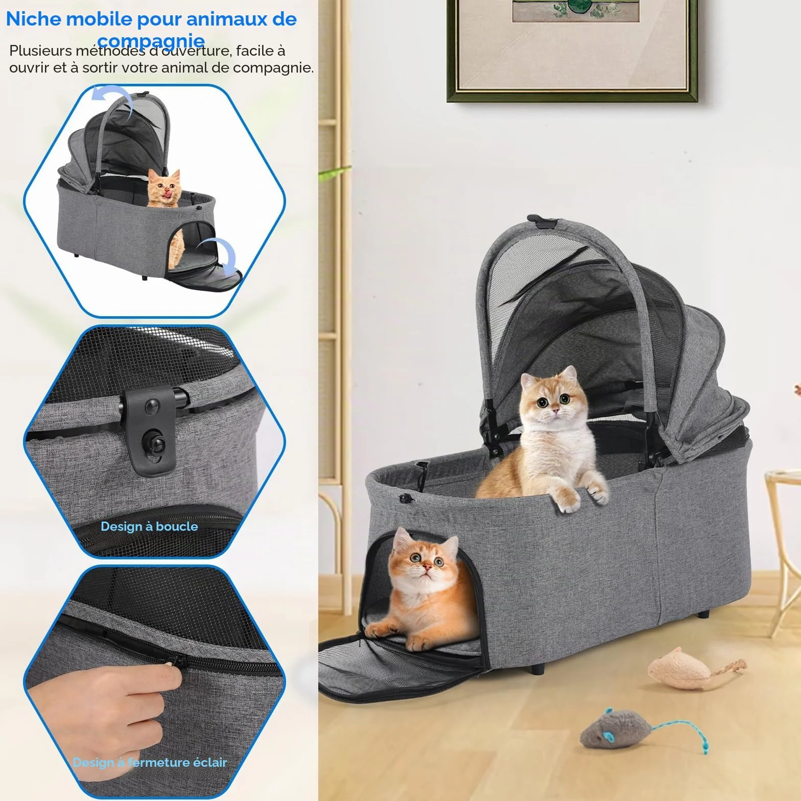 MAMIZO Poussette pour chien 3 en 1, jusqu'à 20 kg, 4 paires de roues doubles à 360 °, livrée avec un sac à bandoulière, poussette pliable pour chiens de petite/moyenne taille et chats, Gris