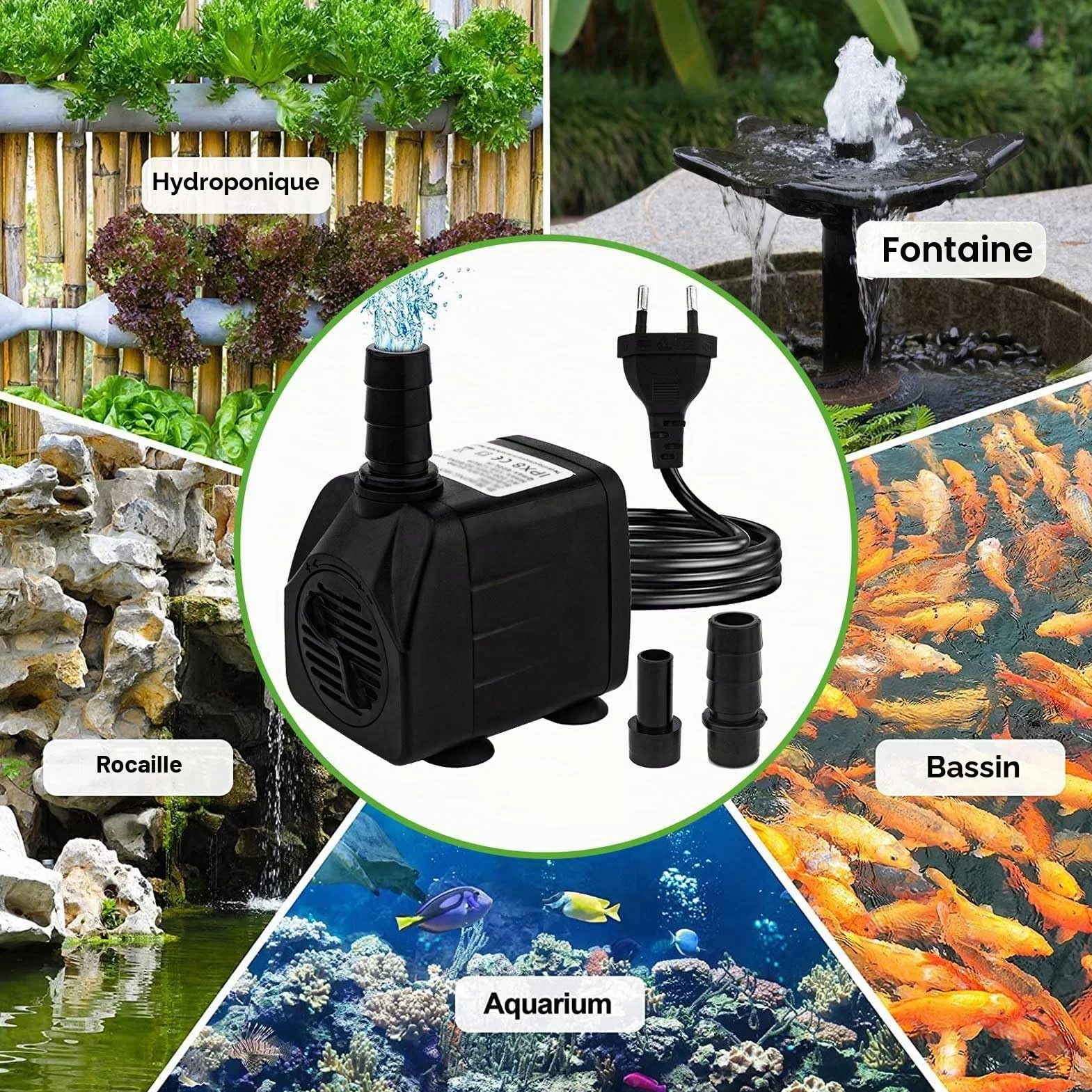 Pompe à eau d'aquarium silencieuse 600 L/H 10 W avec câble 1,5 m 2 buses pour aquarium bassin fontaine