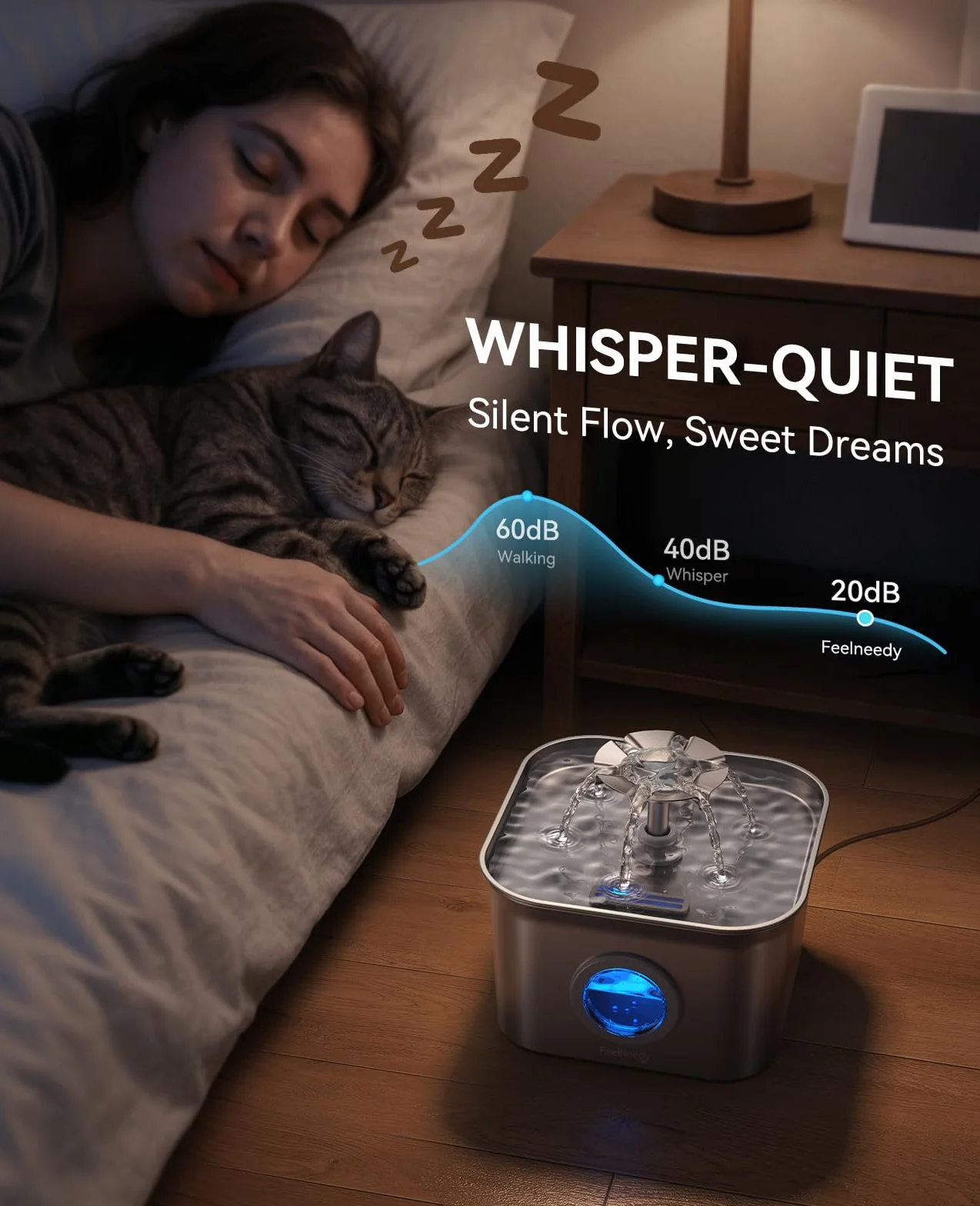 FEELNEEDY Fontaine à Eau pour Chat INOX 2,8L avec 3 Filtres, Système Quadruple Filtration