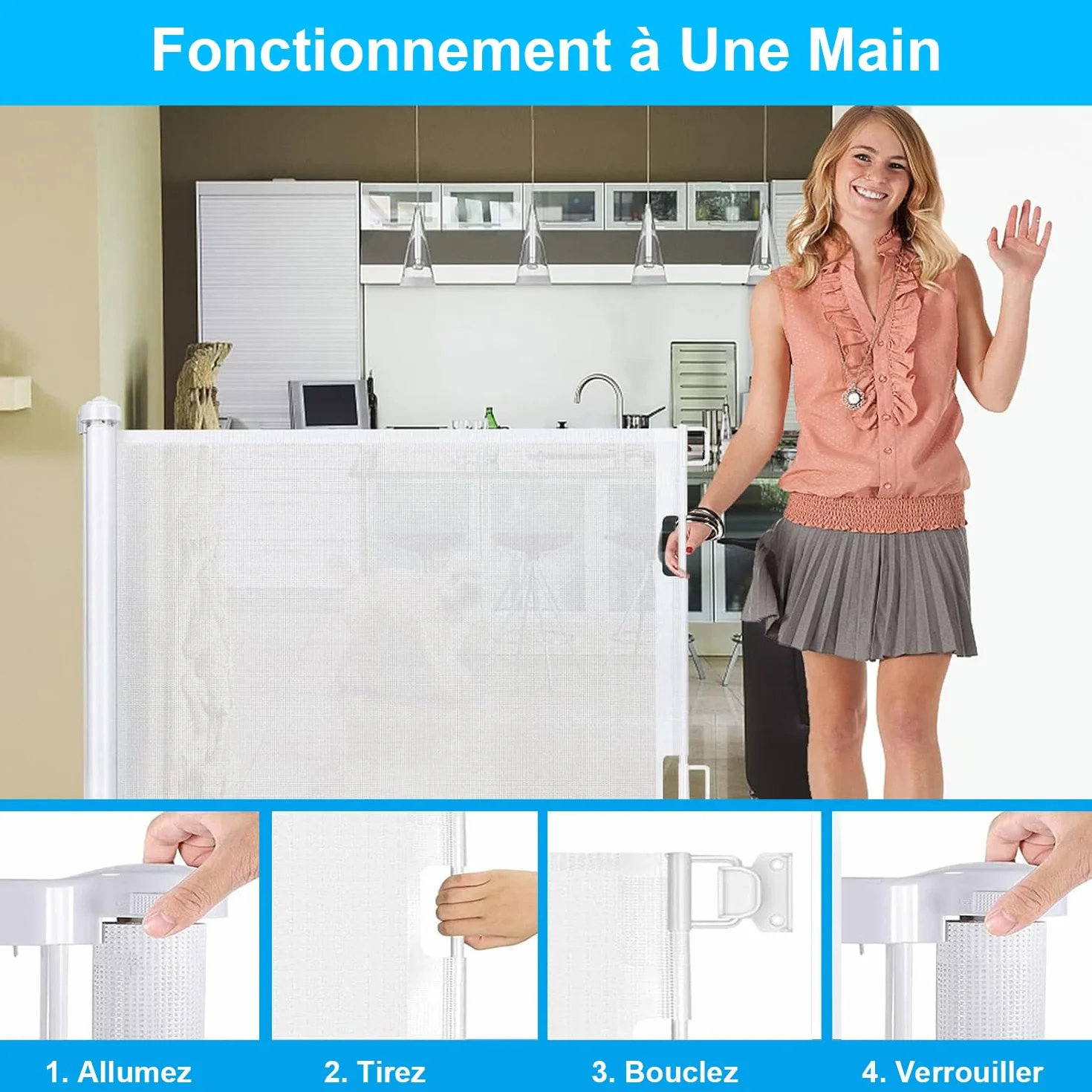 Barrière de Sécurité Rétractable pour Bébé et Animaux, 0-150cm, Escaliers, Couloirs, Portes
