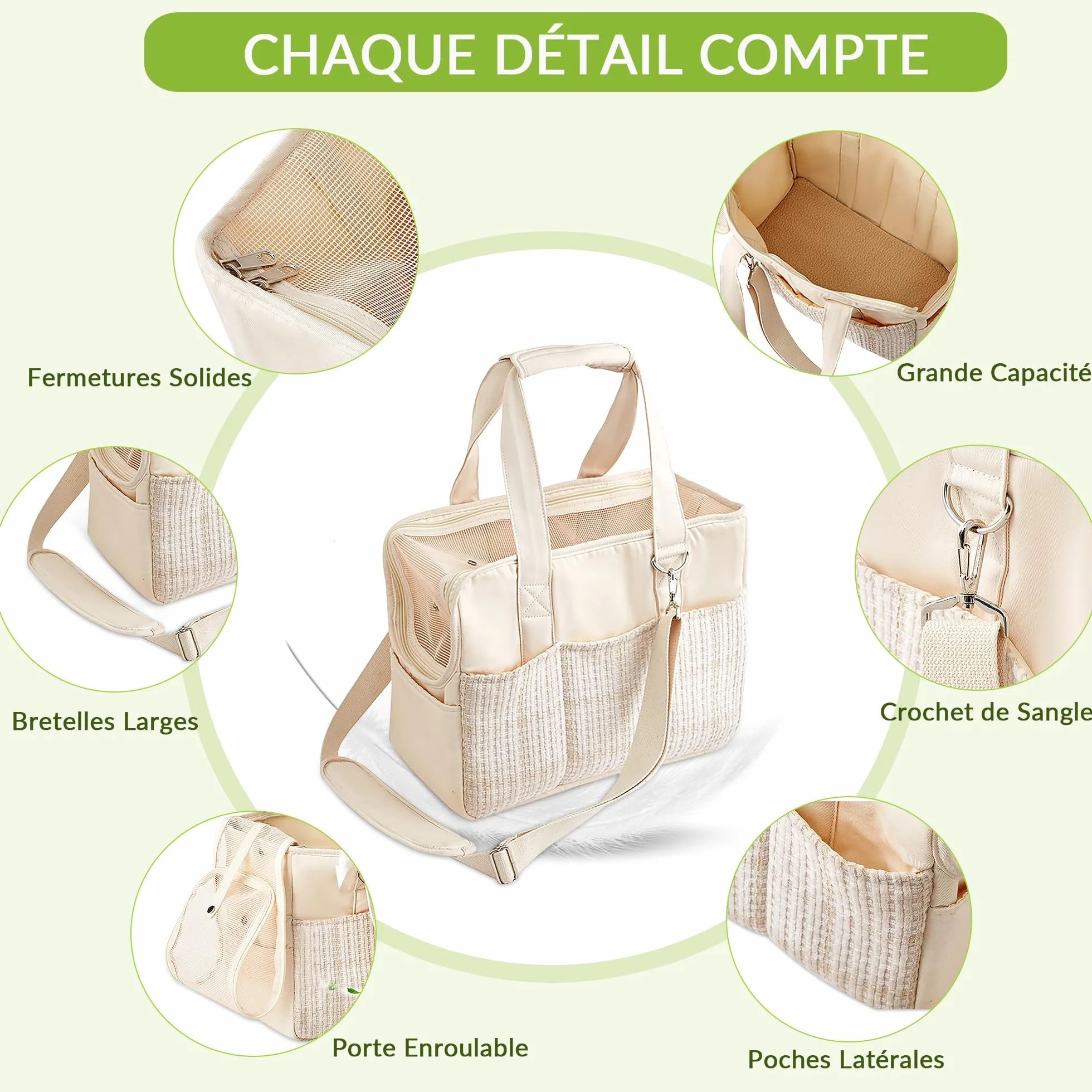 ALLSOPETS Sac de Transport pour Petit Chien et Chat, Sac Bandoulière Pliable avec Poches, Laisse de Sécurité et Coussin Amovible (Beige)