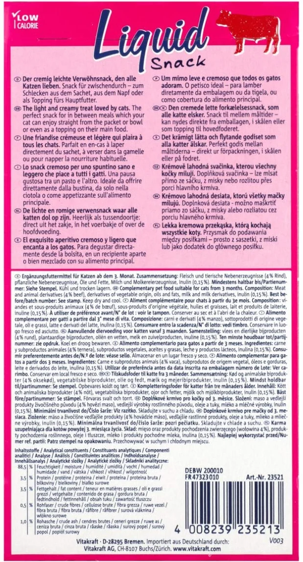 Vitakraft Liquid Snack Friandise pour Chat au Boeuf avec herbe à chat