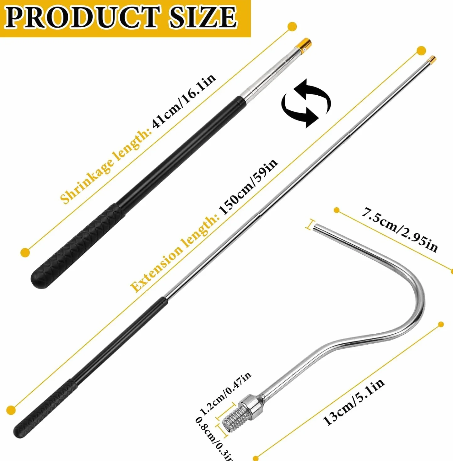 Mât Télescopique 150 cm Crochet Ouvre-auvent Tige de Traction Acier Inoxydable Rétractable