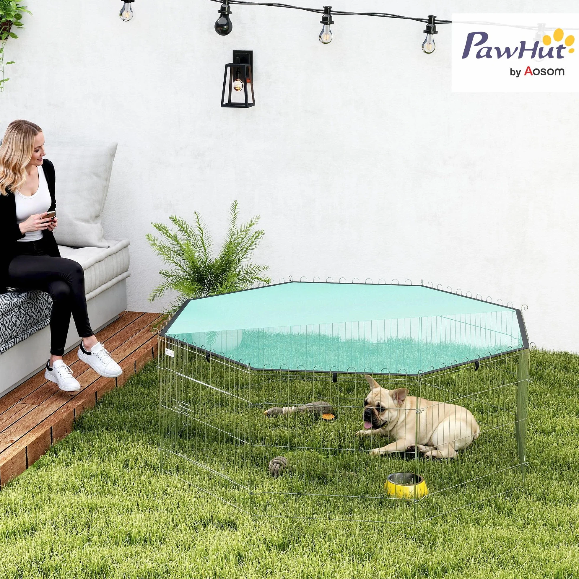PawHut Parc pour Chien 8 Panneaux avec Toit Pliable Portable 60H cm Clôture pour Chiens Petits Taille Intérieur Extérieur Argent Vert