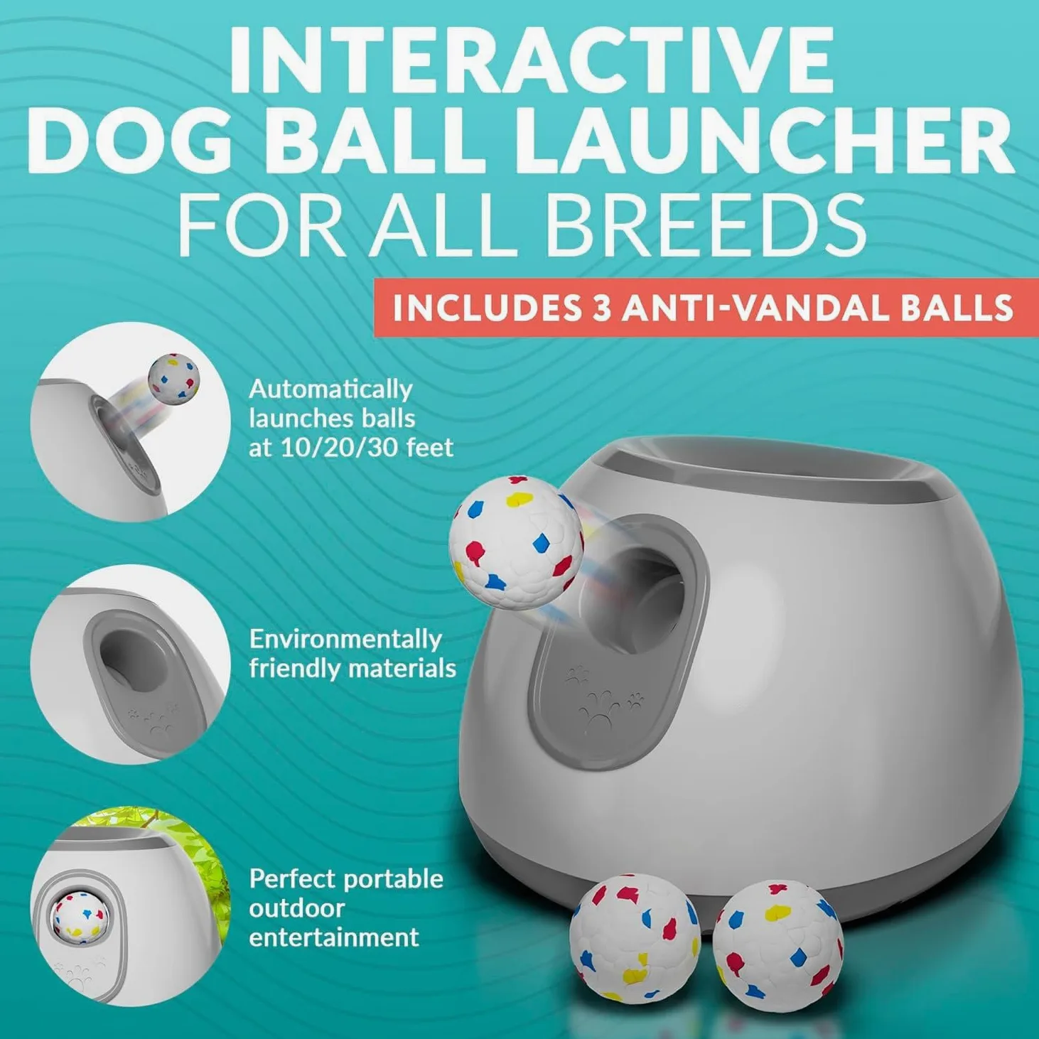 Lanceur de balles automatique pour chien – Petite machine de lancer de balles automatique interactive amusante pour chien avec 3 balles en latex durable, distance de tir réglable de 3 à 9 m, adaptée