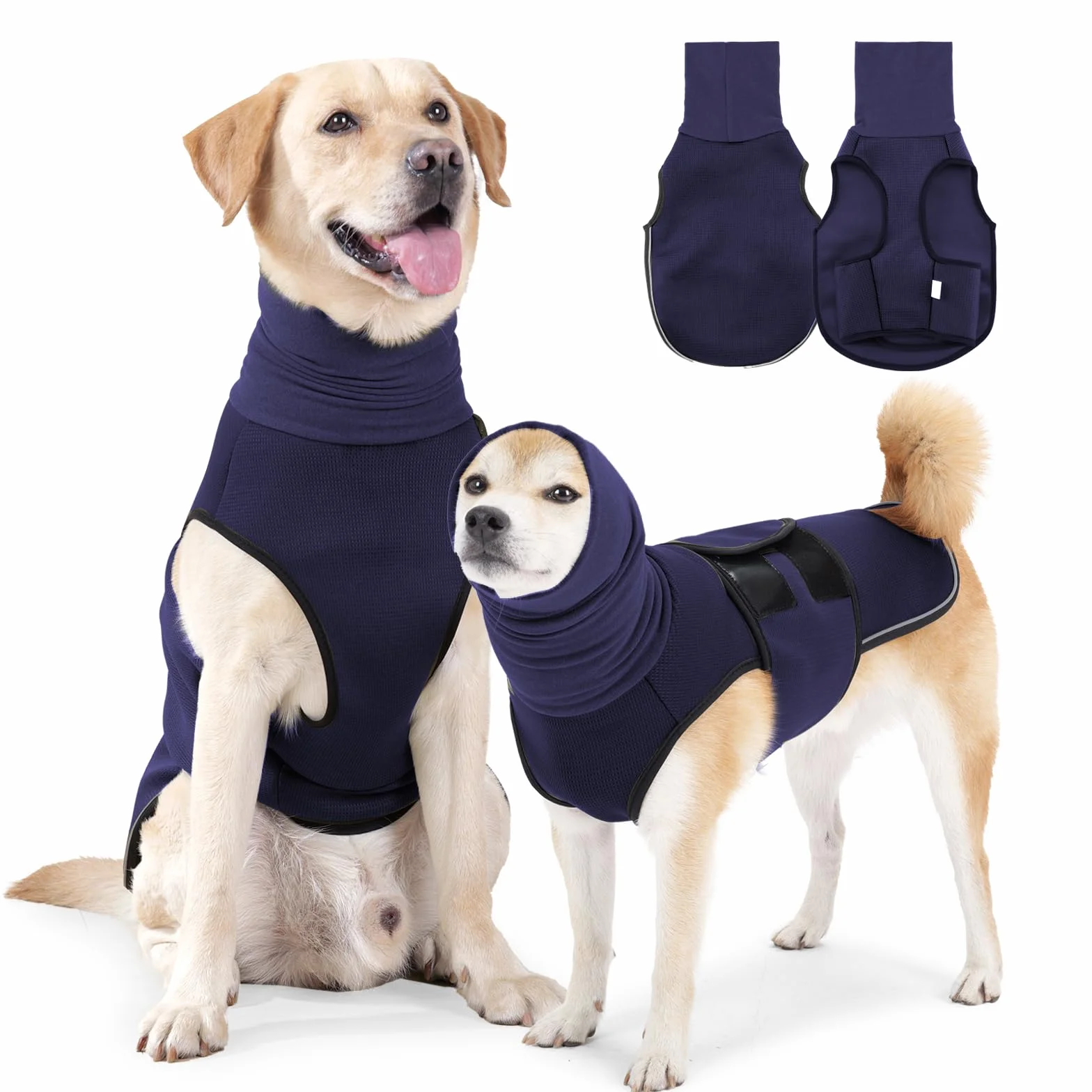 Veste Anti-anxiété pour Chien avec Cache-Oreilles et Capuche - Manteau Réfléchissant réglable Bleu foncé L