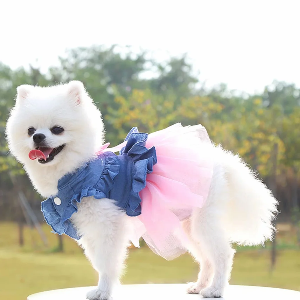 XIAOYU Chien Robe d'été Bowknot Princesse Jupe Denin Gilet Chemises Douce Vêtements pour Animaux de Compagnie Rose XL
