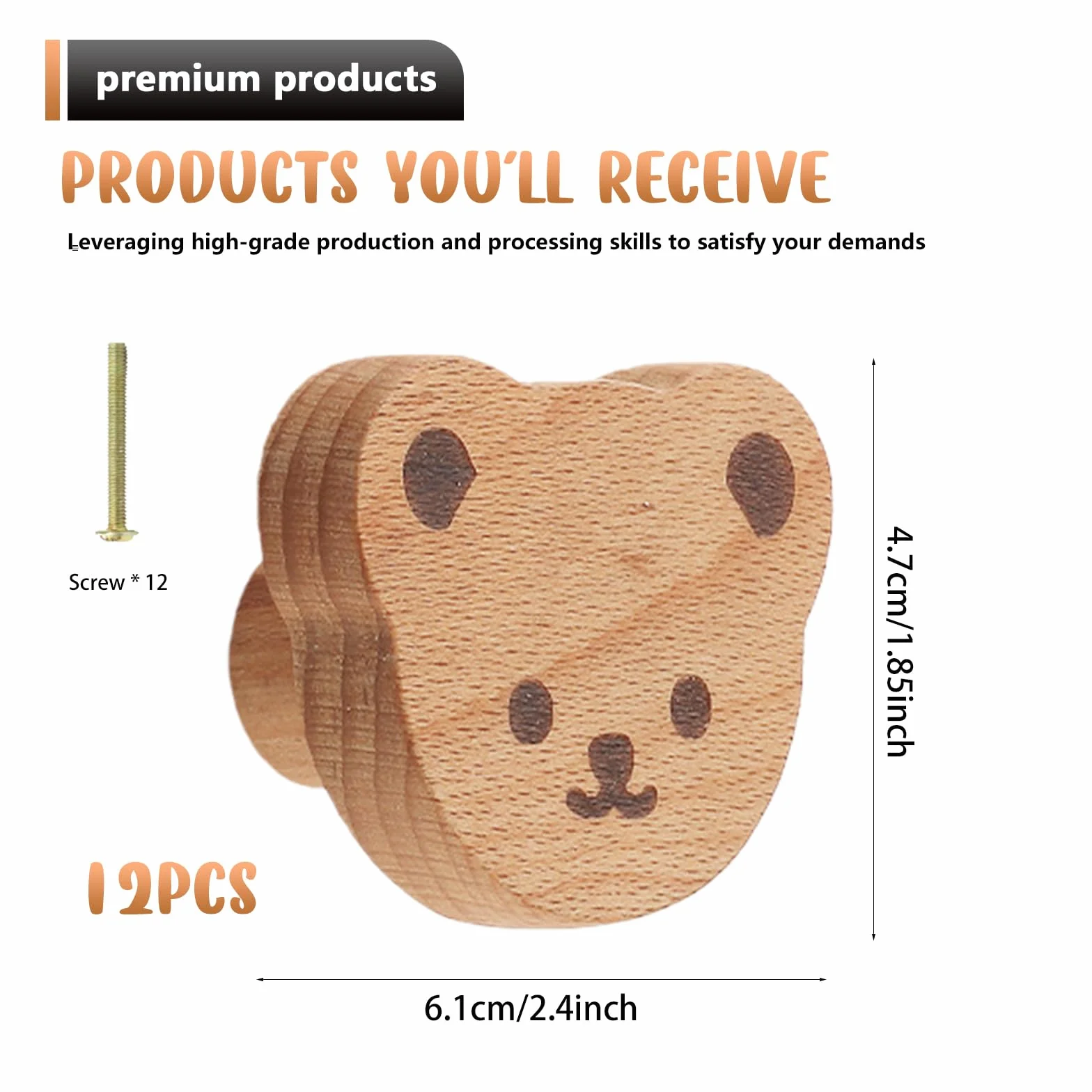 Boutons de Tiroir en Bois Forme d'Ours 12 Pièces Poignées de Meubles Naturel pour Armoire Commode