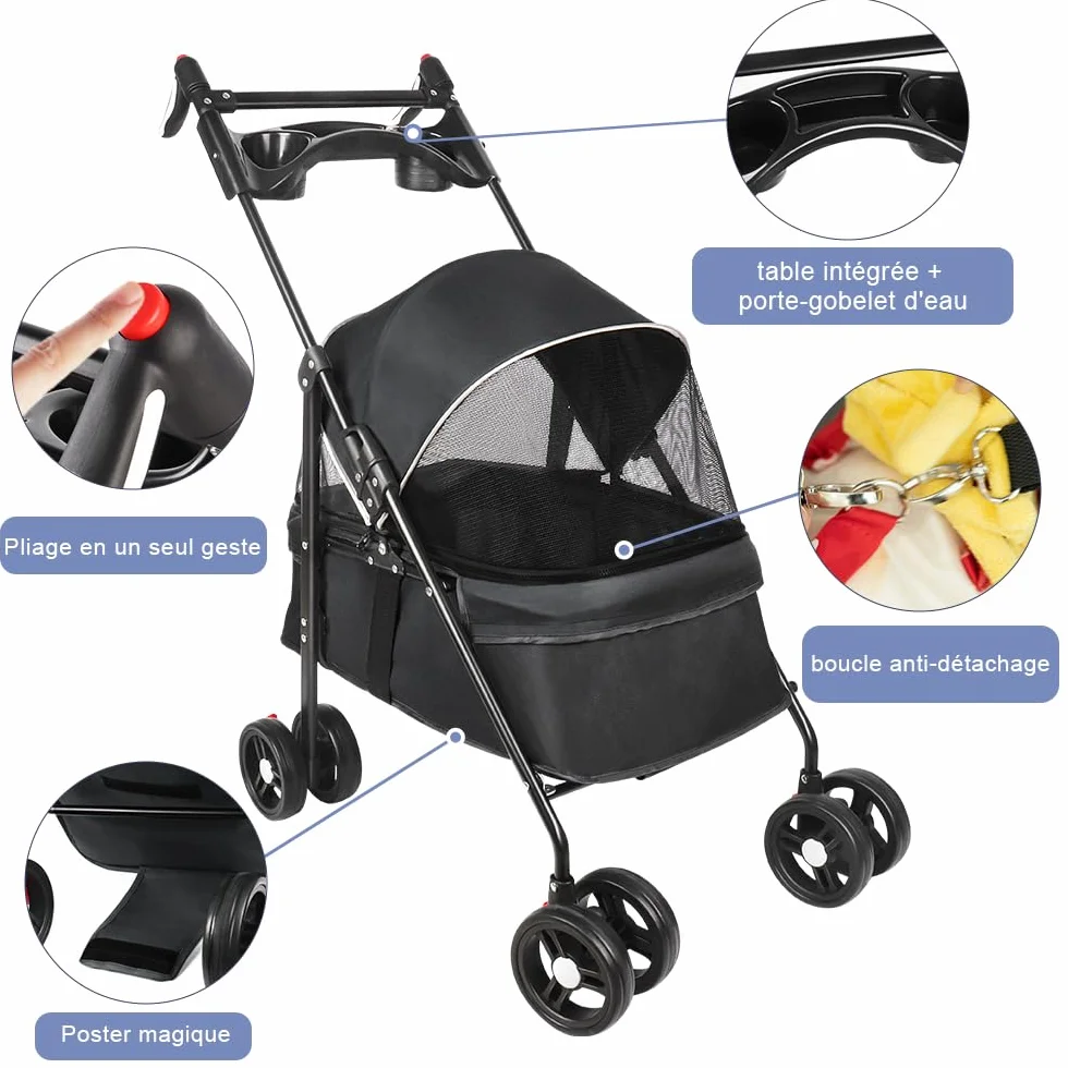 Poussette buggy pliable chien chat panier rangement porte-gobelets tissu 300D Oxford imperméable 4 roues 25 kg