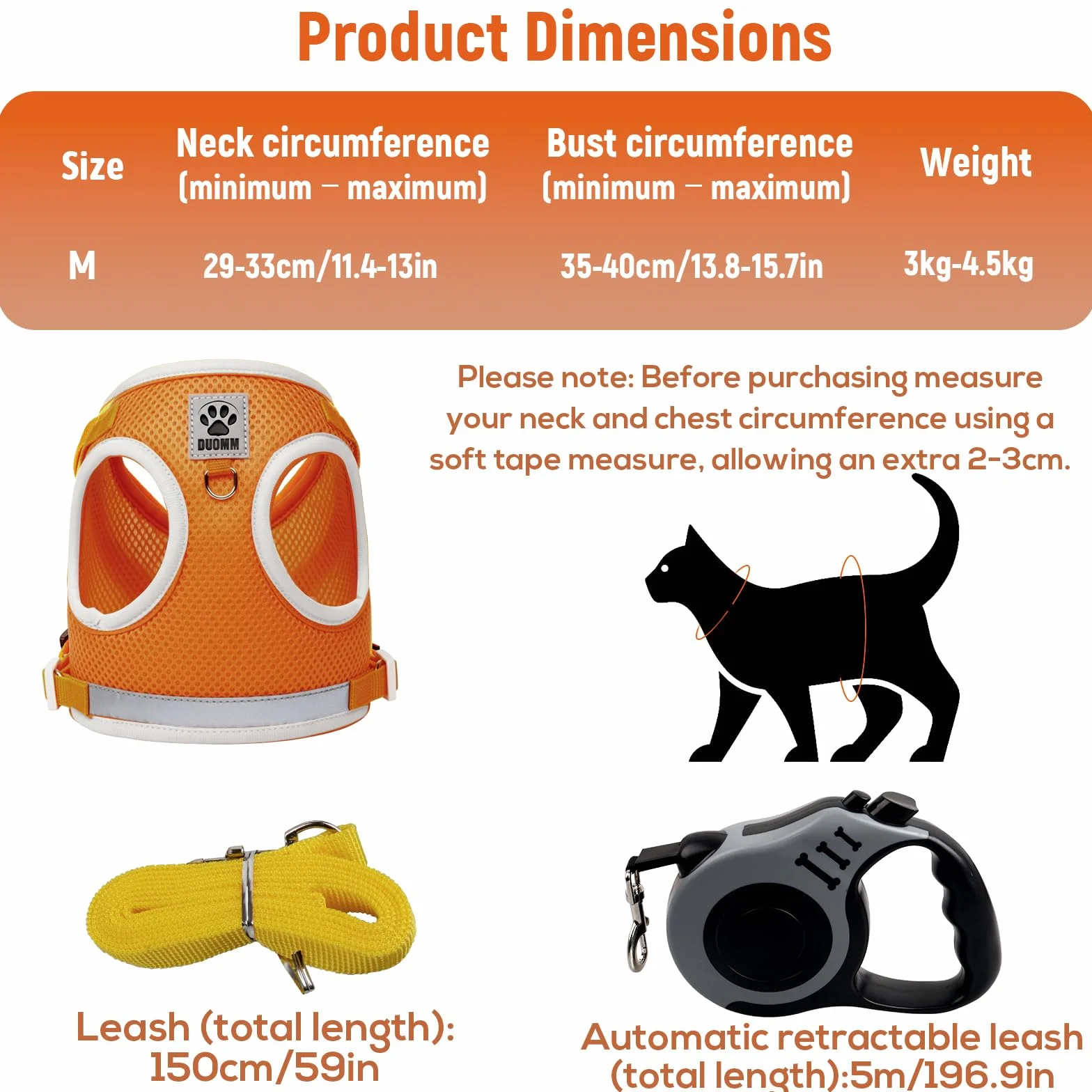 Harnais Chat Anti Évasion avec Laisse, Bandes Réfléchissantes, Laisse Automatique 5m, Réglable (Orange-Jaune, Taille M)
