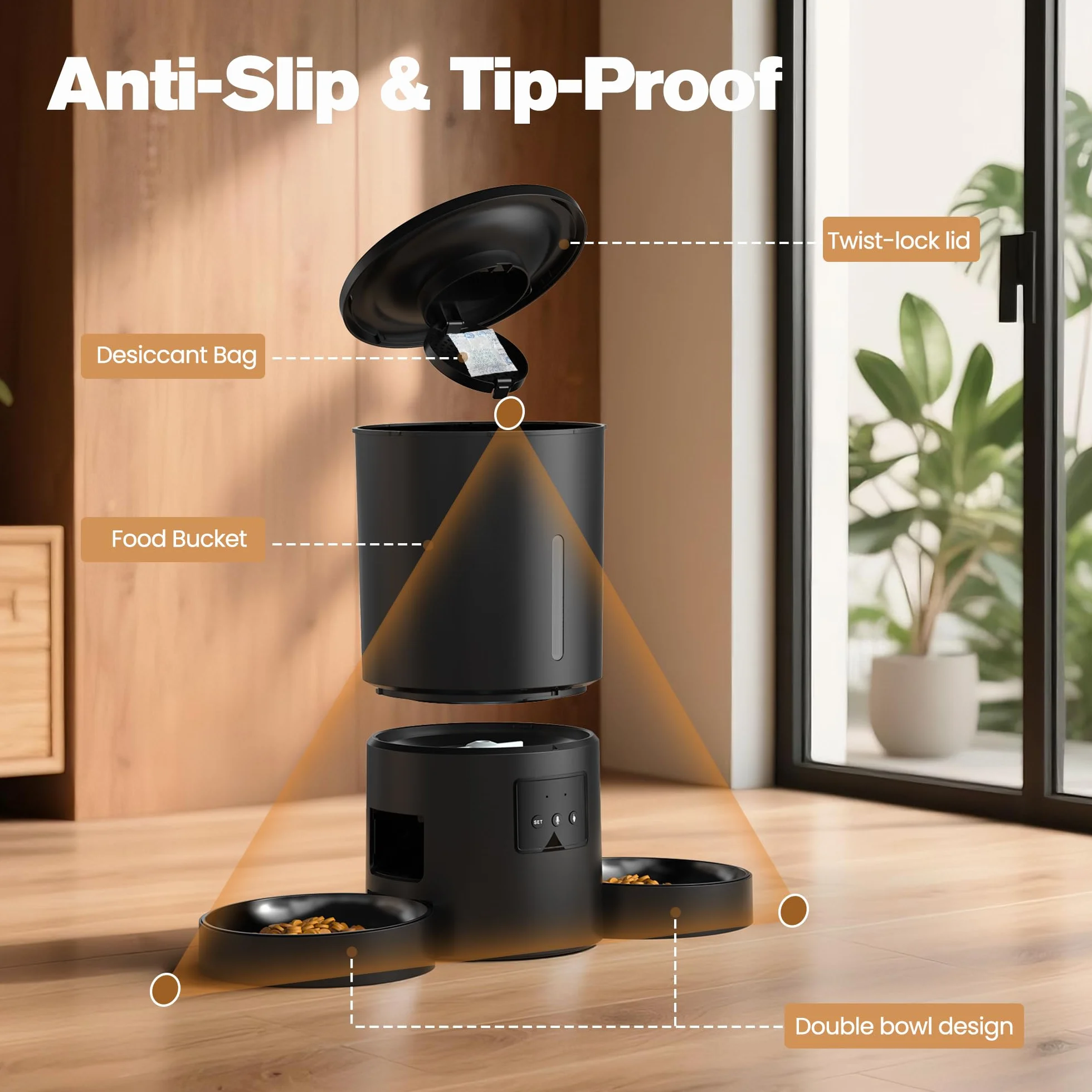Distributeur Automatique de Croquettes AONBOY Double 5L WiFi 2.4G avec Minuterie APP pour Chat Chien Noir