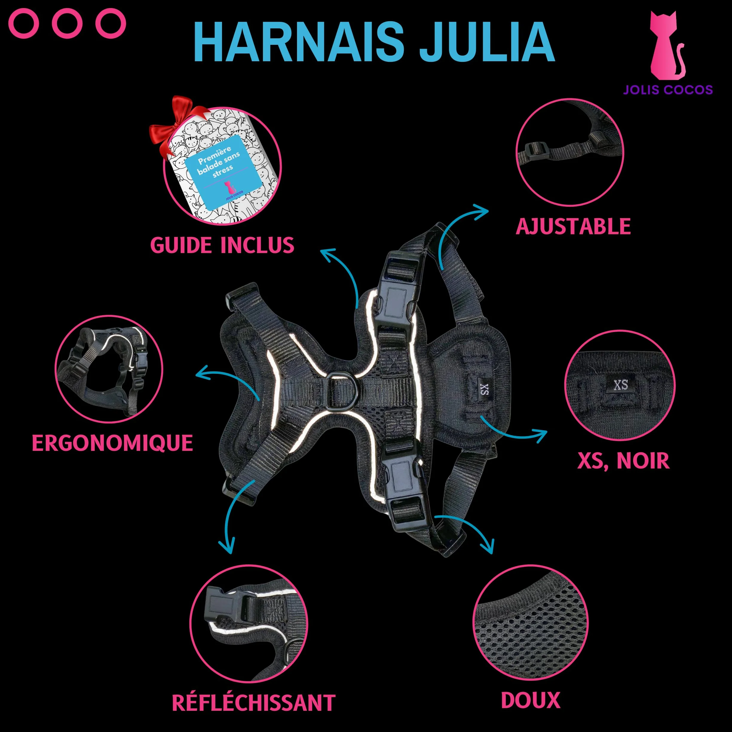 Harnais et Laisse pour Chat ou Lapin avec Guide Première Sortie, Accessoire Réglable Réfléchissant, Anti-Fugue