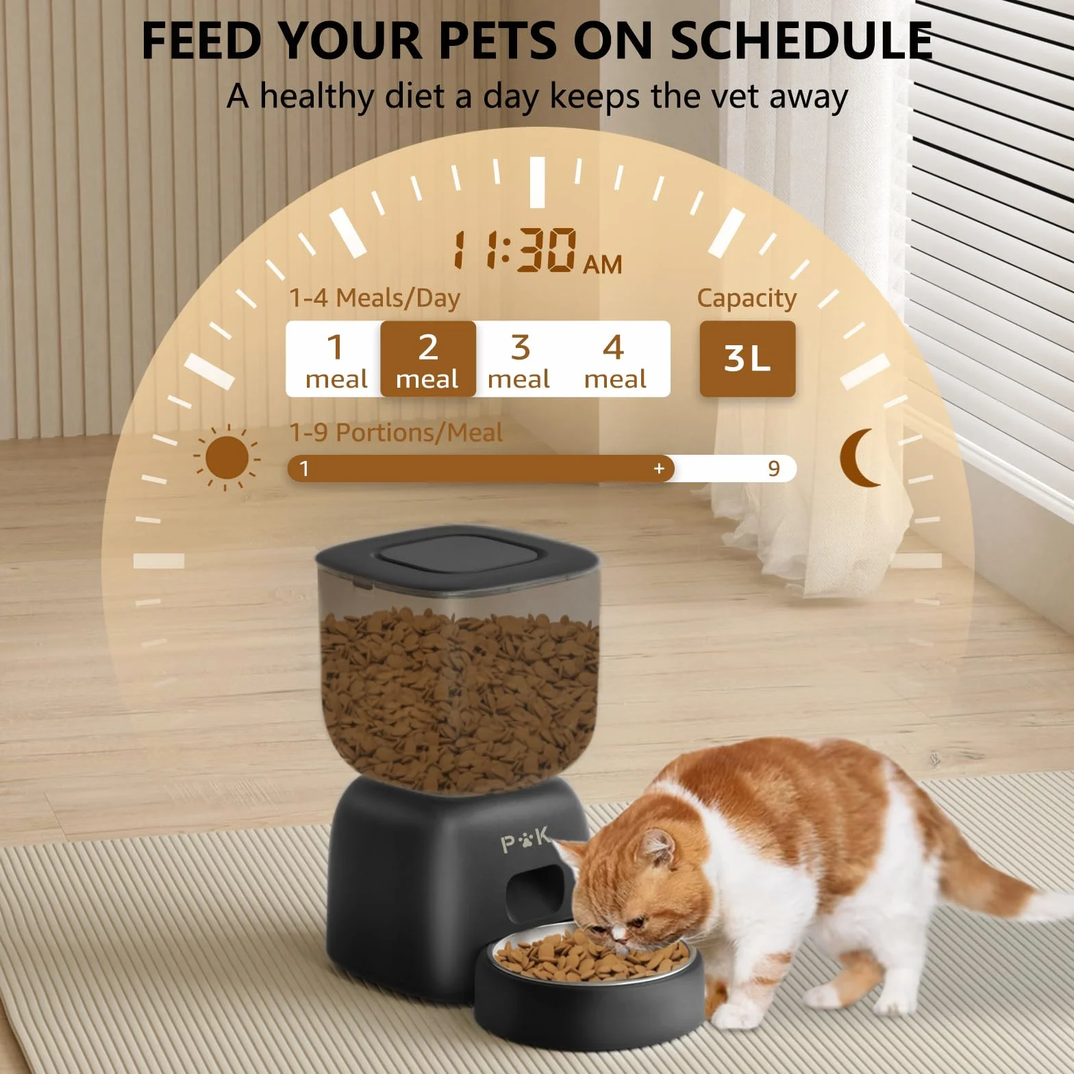 PUPPY KITTY Distributeur Croquettes Chat Automatique 3L, Autonomie 180 Jours, Programme Alimentation Personnalisé, Enregistrement Vocal 10S