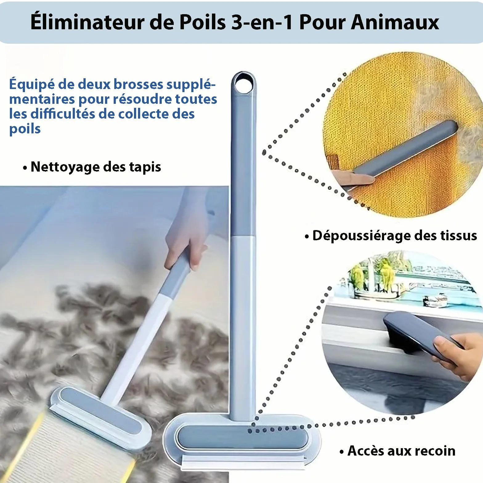 Brosse Anti Poils Animaux Réutilisable 44cm Extensible pour Chat Chien Bleu