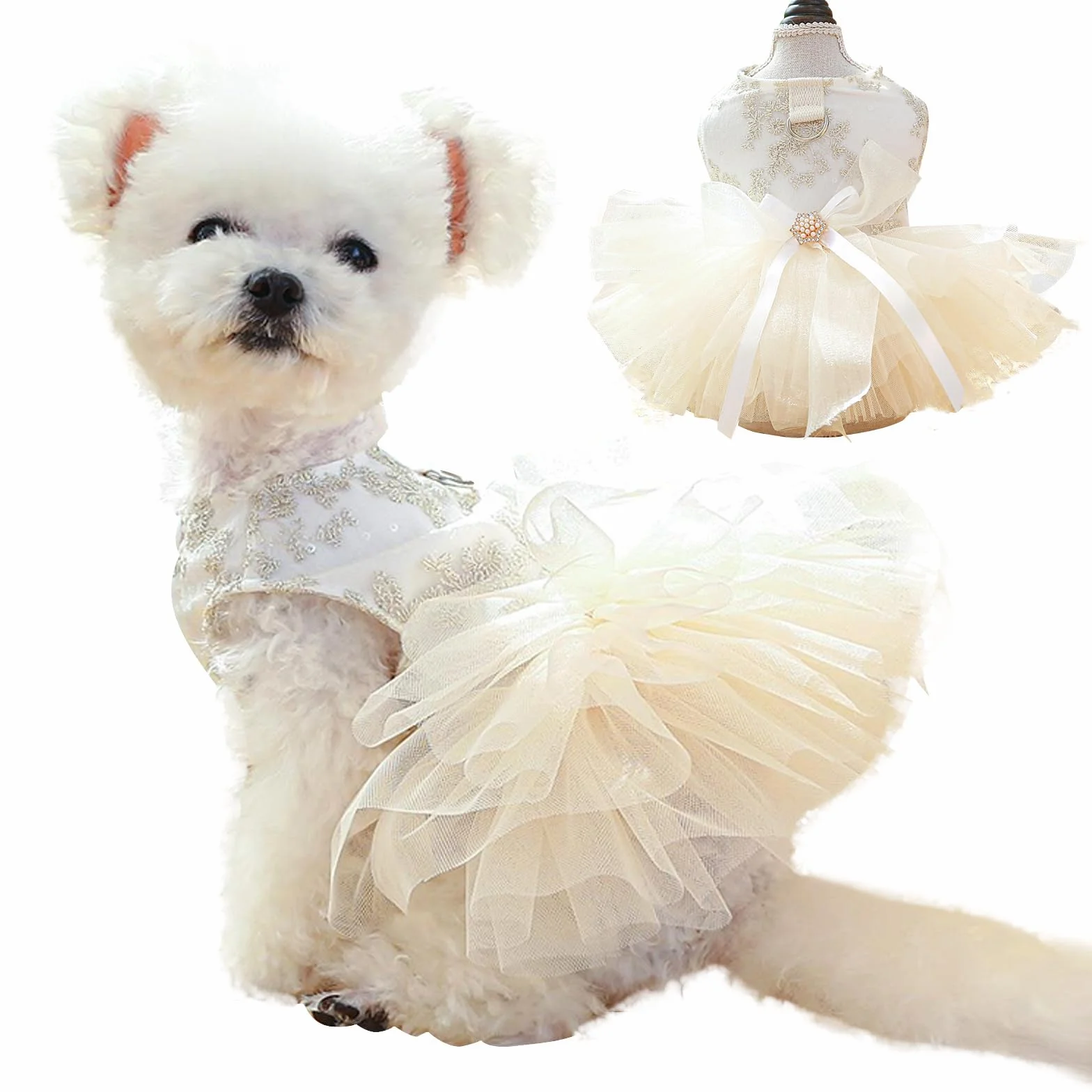 Robe de Mariage de Luxe pour Chien Dentelle Arc Blanc Princesse Tenue de Cérémonie