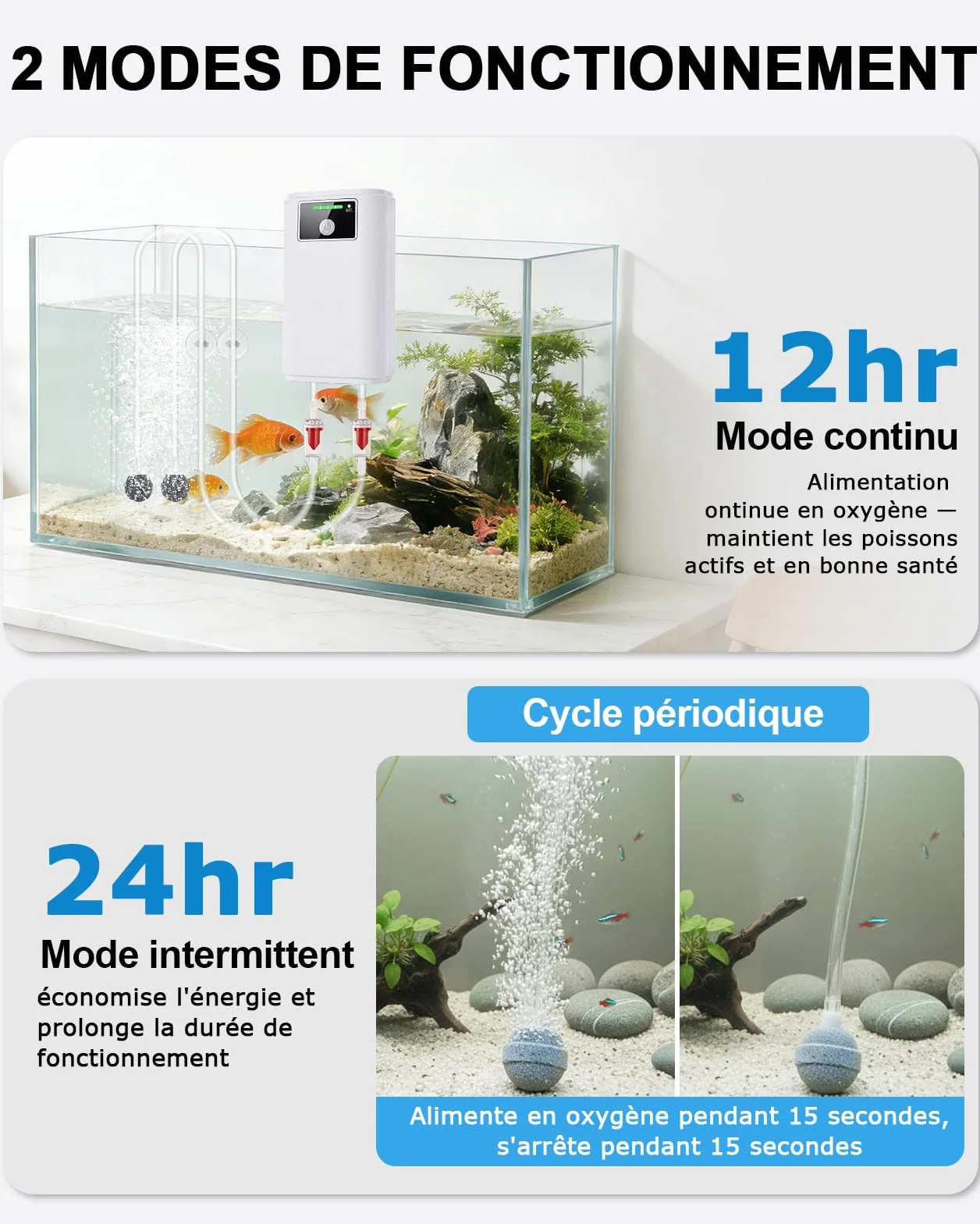 Pompe à air portable rechargeable USB pour aquarium, 2600 mAh, silencieuse, deux sorties
