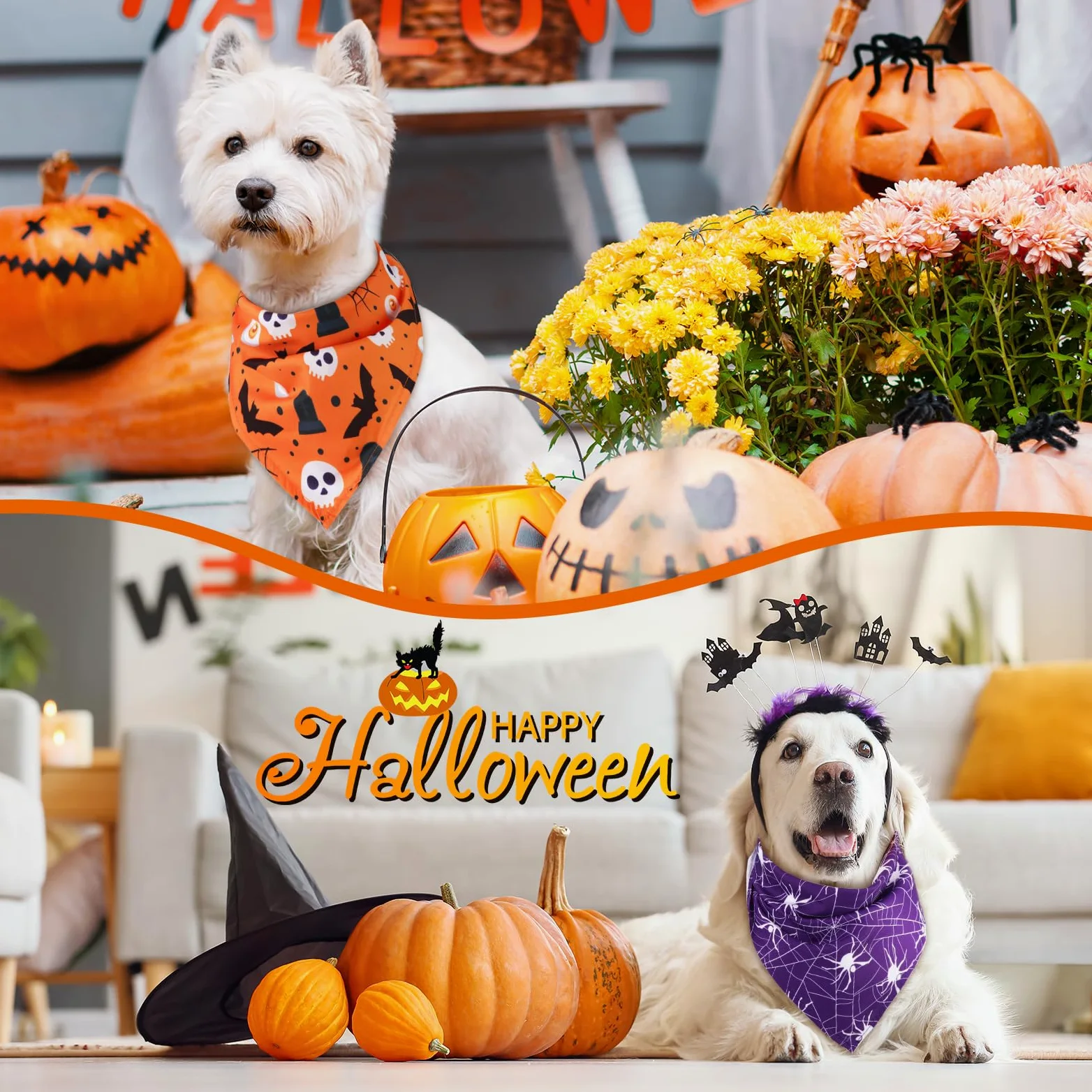 Silkfly Lot de 50 bandanas d'Halloween pour chien en vrac pour chiens, bavoirs triangulaires pour chien, bandanas pour chien avec motif citrouille et araignée, écharpe pour animal domestique pour