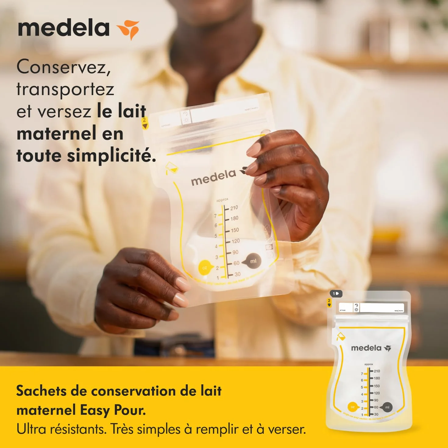 Medela sachets de conservation lait maternel Easy Pour 210 ml anti-fuite sans BPA jetables lot de 100