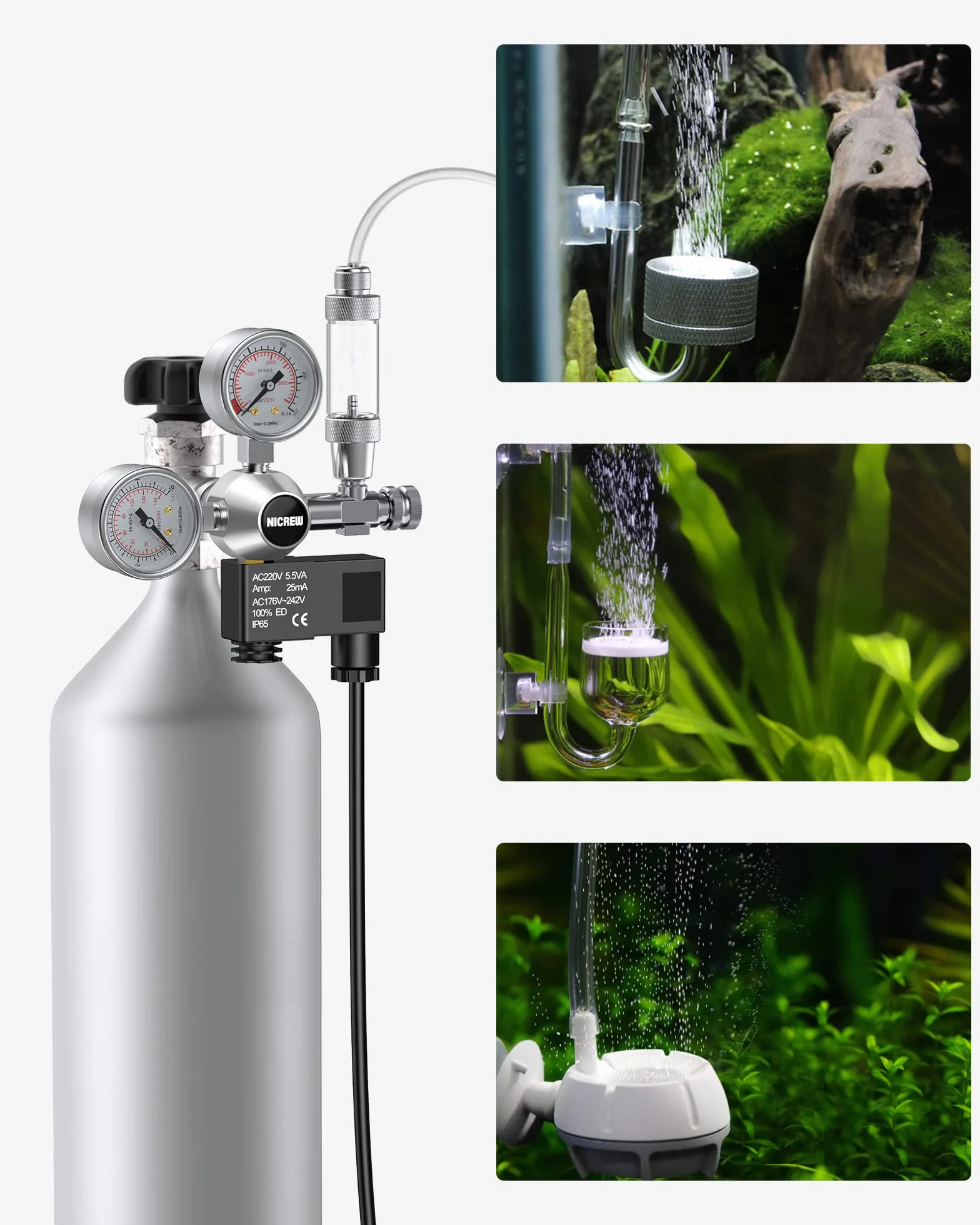 NICREW Régulateur de CO2 Aquarium Double Manomètres Électrovanne W21,8