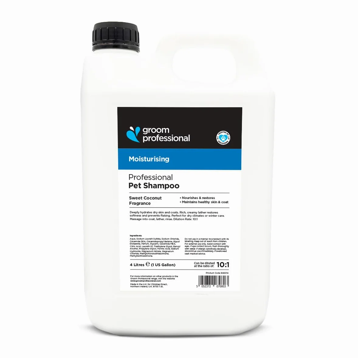 Groom Professional Shampooing hydratant pour chien à la noix de coco (4 l) - Format salon 10:1 - Avec huile de coco pour brillance et douceur - Nettoie en profondeur - Parfum agréable - Fabriqué au